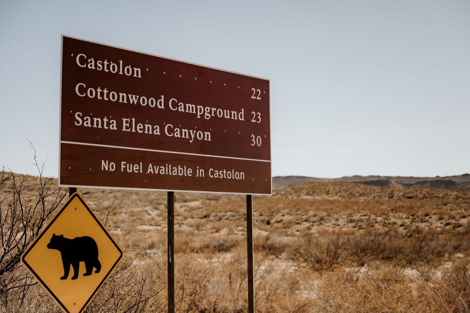 Big Bend park signs and warning markers stand against a desert landscape with mountains in the background.