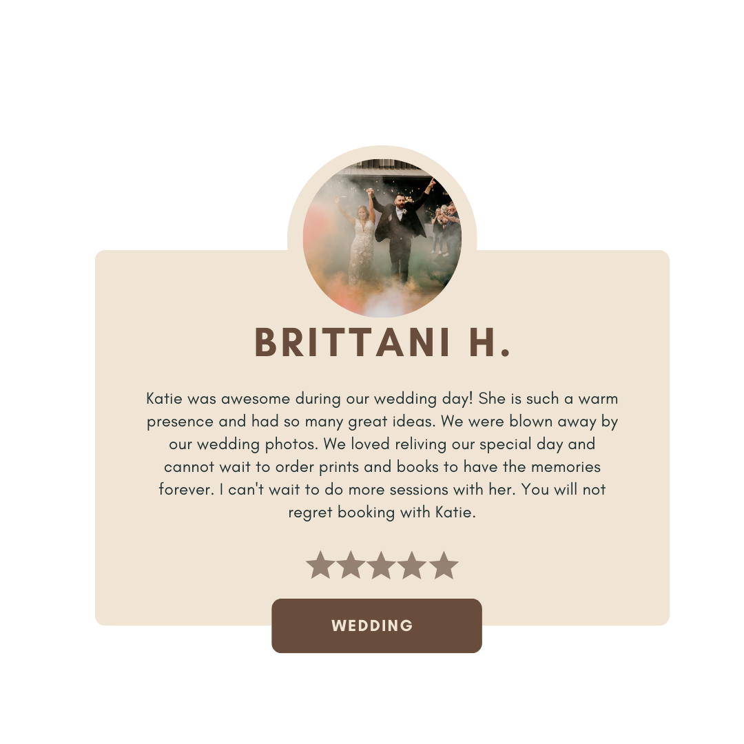 Wedding photography testimonial card displaying client feedback and rating.