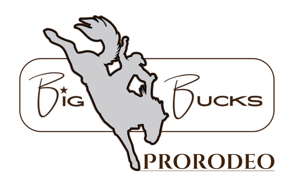 Gray silhouette logo design for Big Bucks ProRodeo showing bucking bronco and rider.