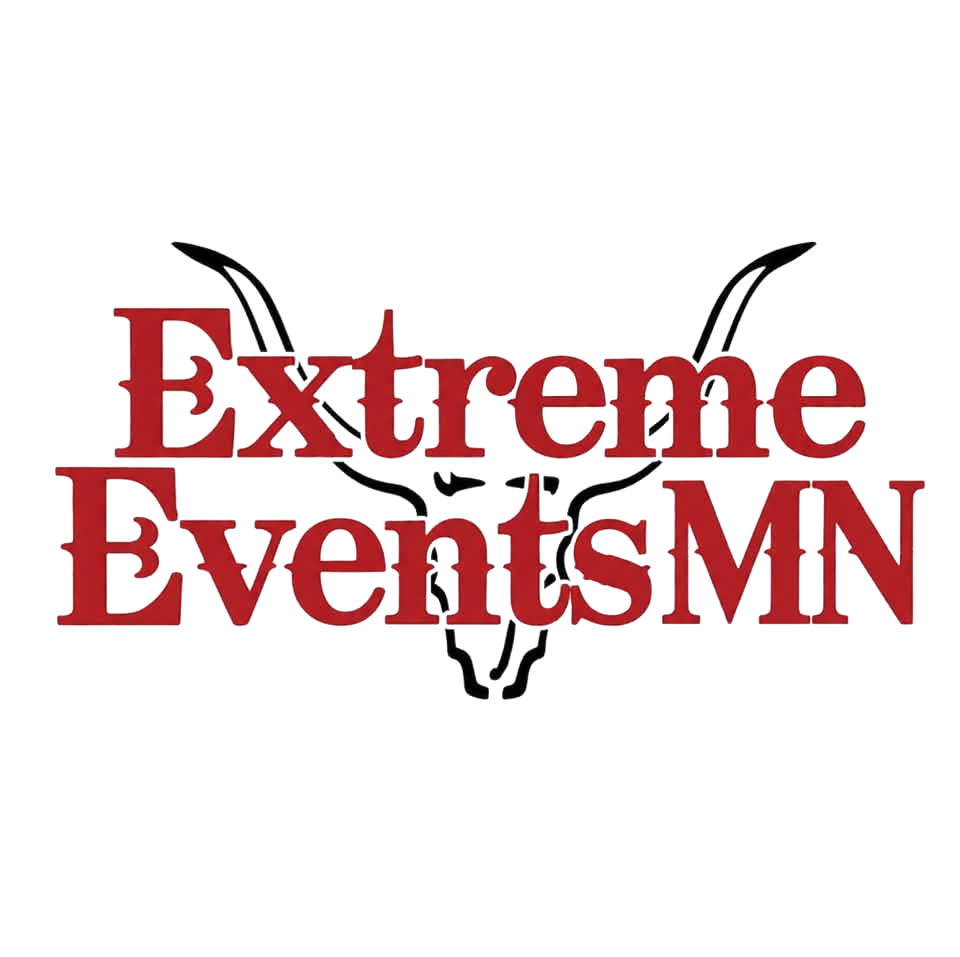 Extreme Events MN logo featuring bold red text with a decorative longhorn skull illustration in black and white.