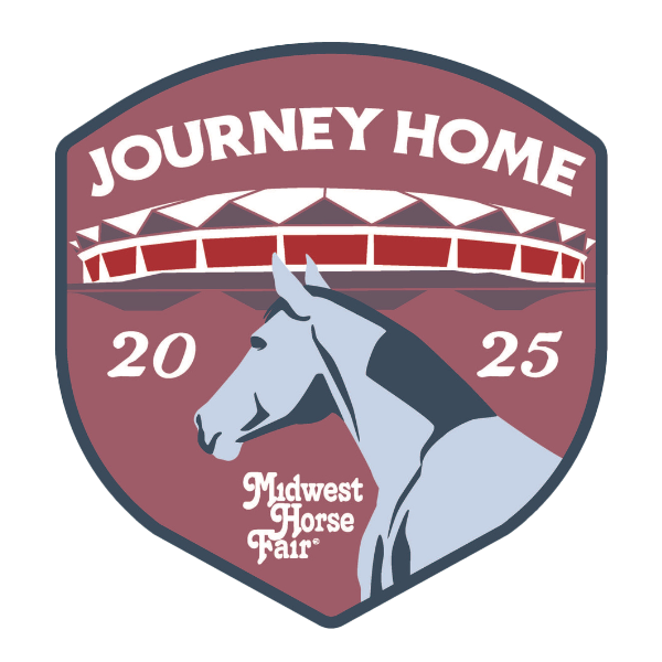 2025 Midwest Horse Fair logo with horse profile and Journey Home text on burgundy shield.