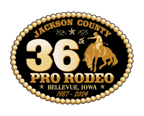 Jackson County 36th Pro Rodeo belt buckle style logo with bronc rider silhouette.