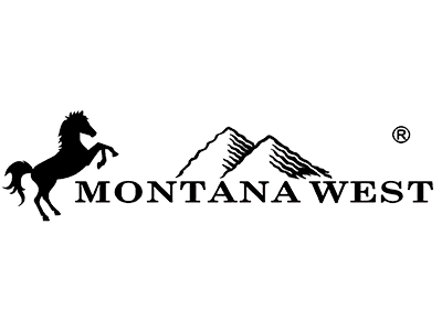 Montana West logo design featuring black silhouette of a horse and brand name text against white background.