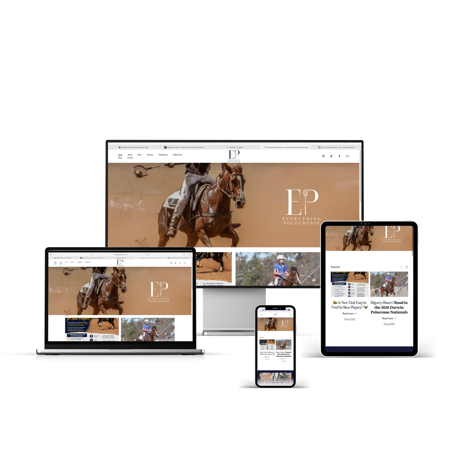 Responsive website design displayed on desktop, laptop, tablet, and mobile devices featuring equestrian content.