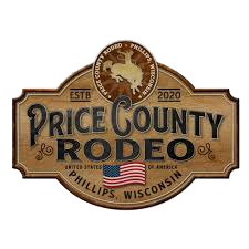 Rustic wooden sign design for Price County Rodeo in Phillips Wisconsin with American flag.