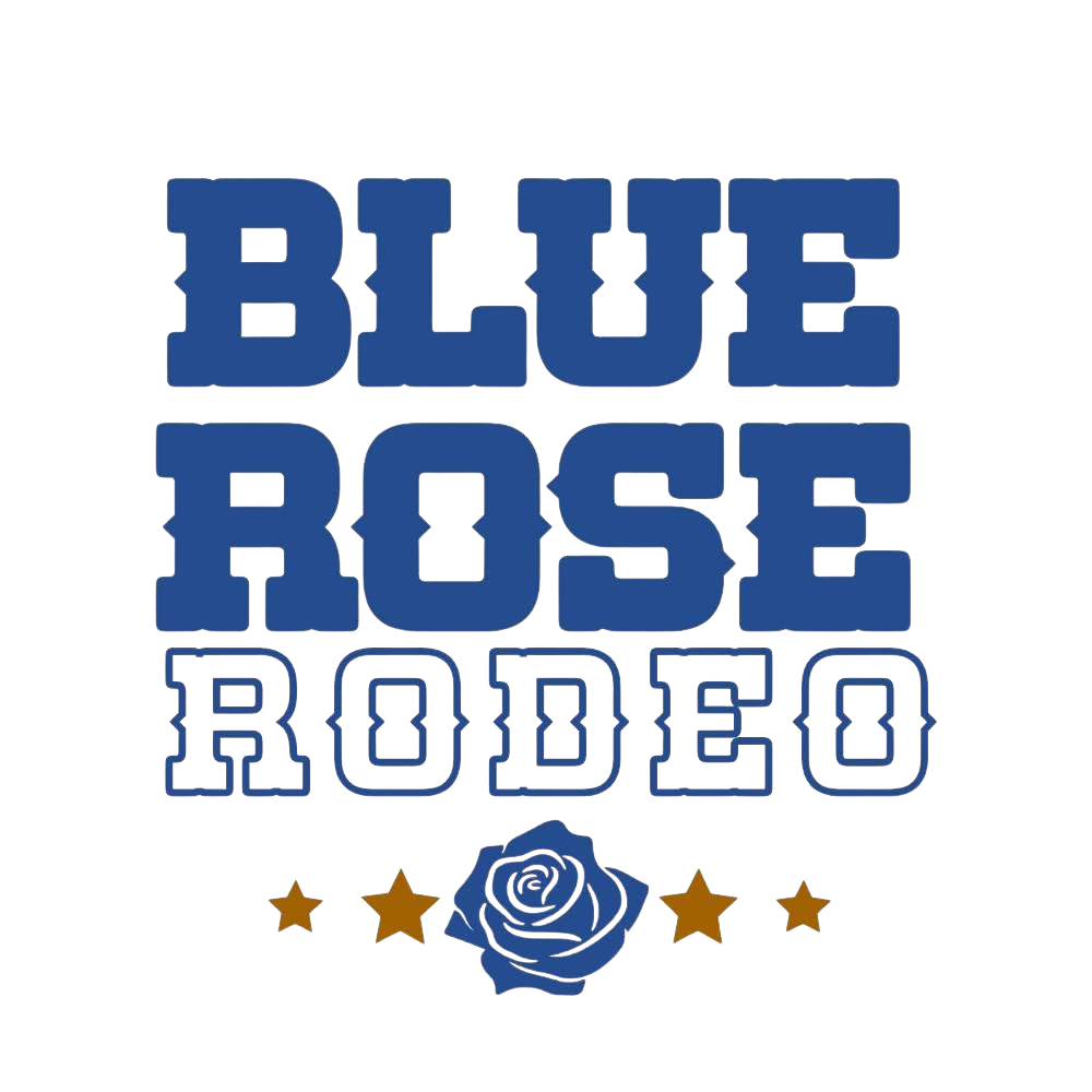 Blue Rose Rodeo logo featuring bold blue text, a blue rose illustration, and gold stars on white background.