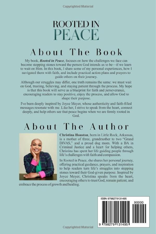 Book pages showing 'Rooted in Peace' title and author information with soft blue and white color scheme.
