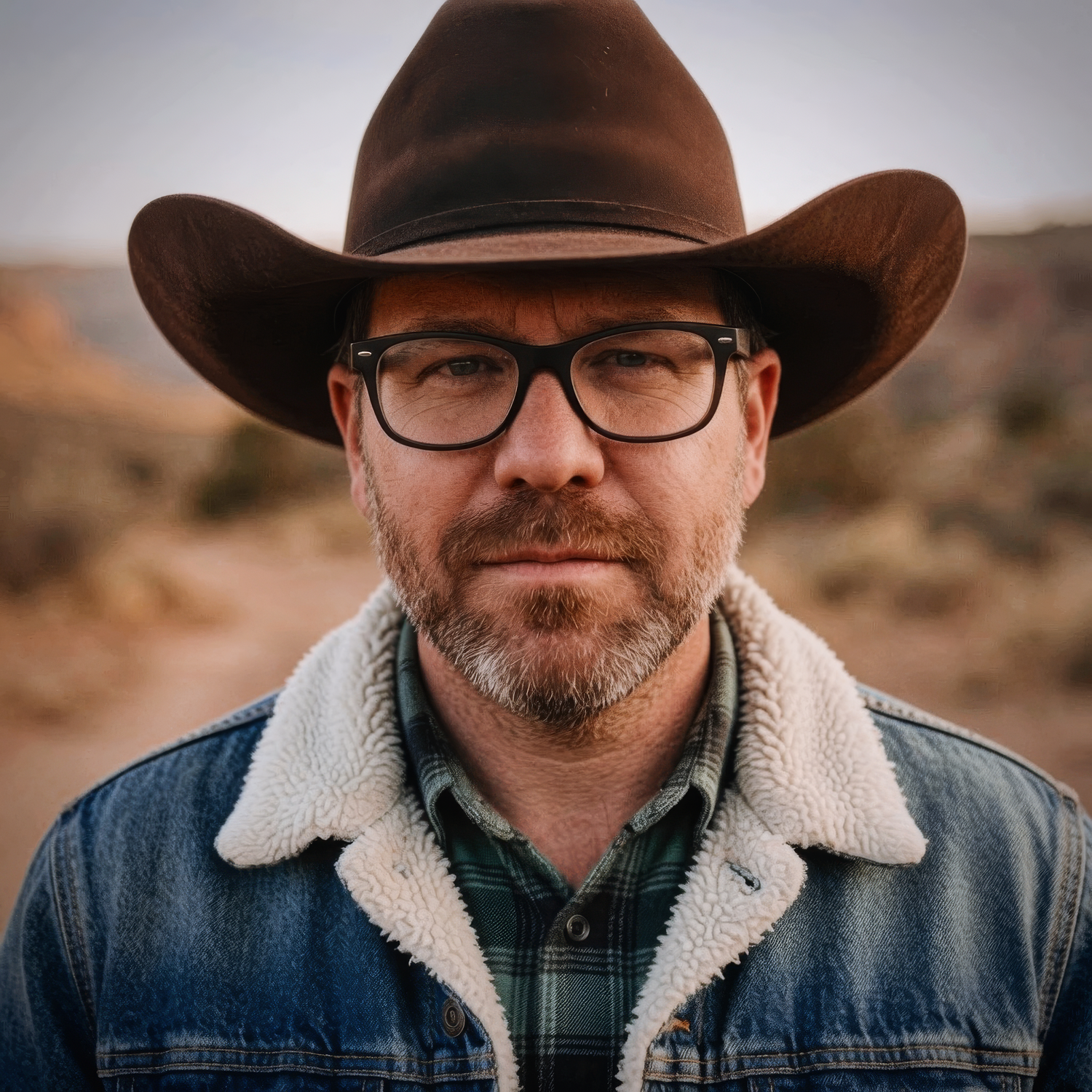 Portrait of a man wearing a cowboy hat and glasses in a desert landscape setting.