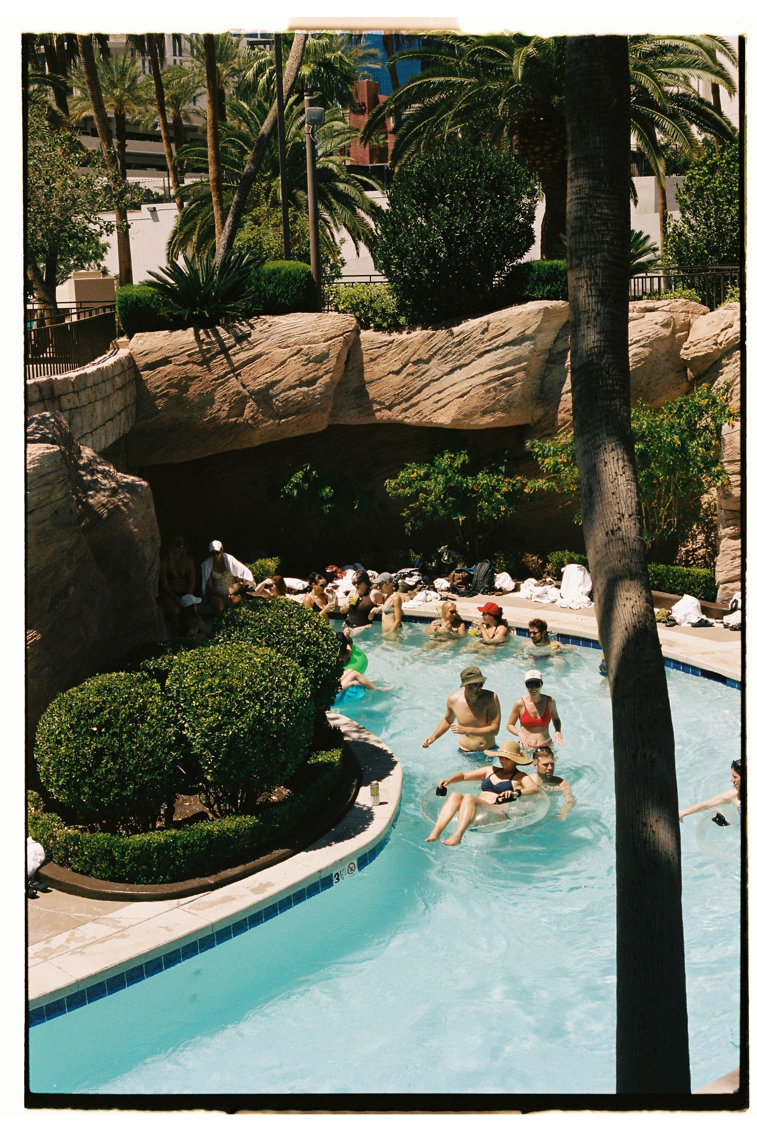 Guests enjoy a tropical resort pool surrounded by palm trees and lush greenery in Las Vegas.