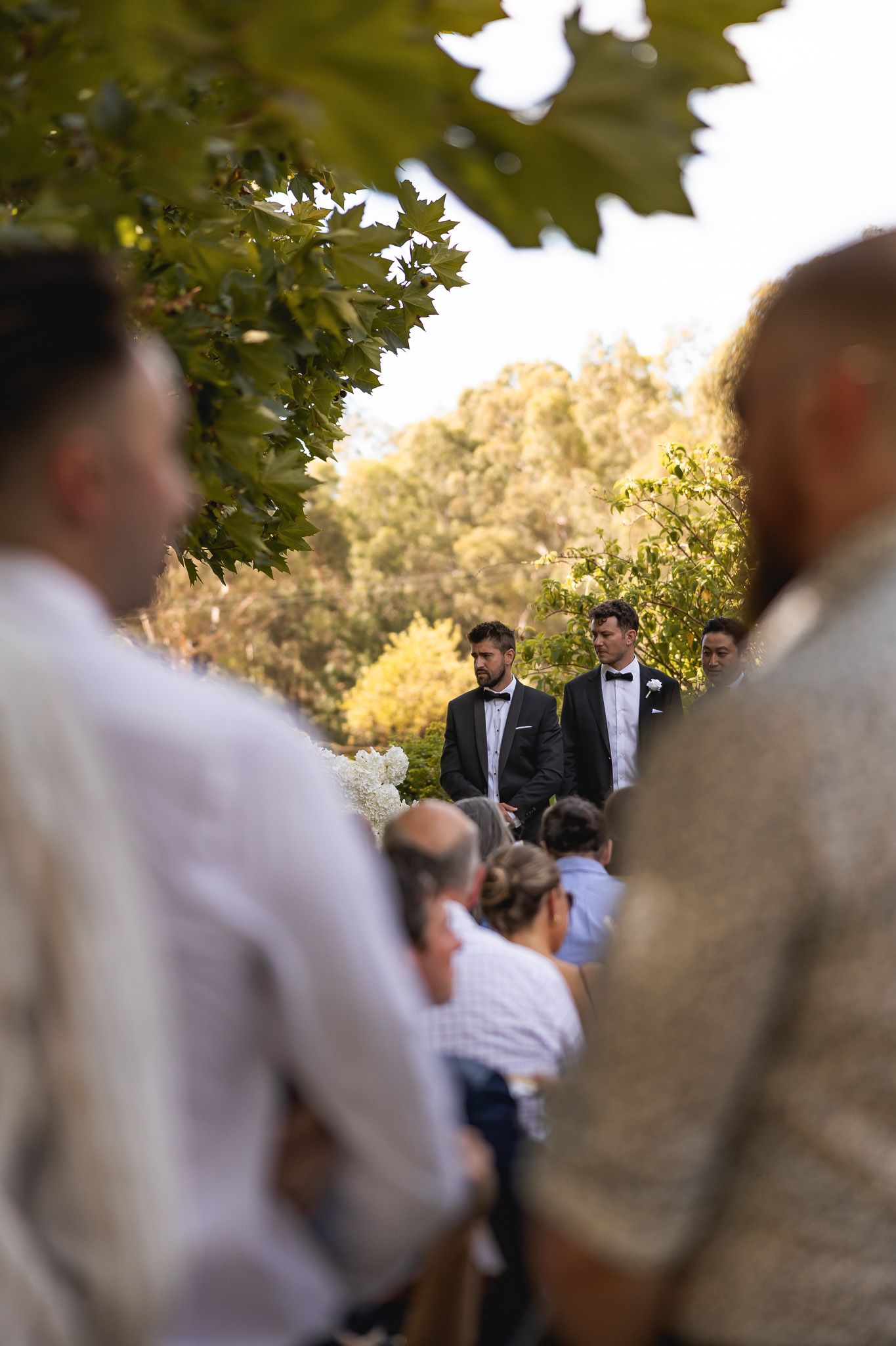 Outdoor wedding ceremony with groom and groomsmen in black tuxedos standing at the altar.