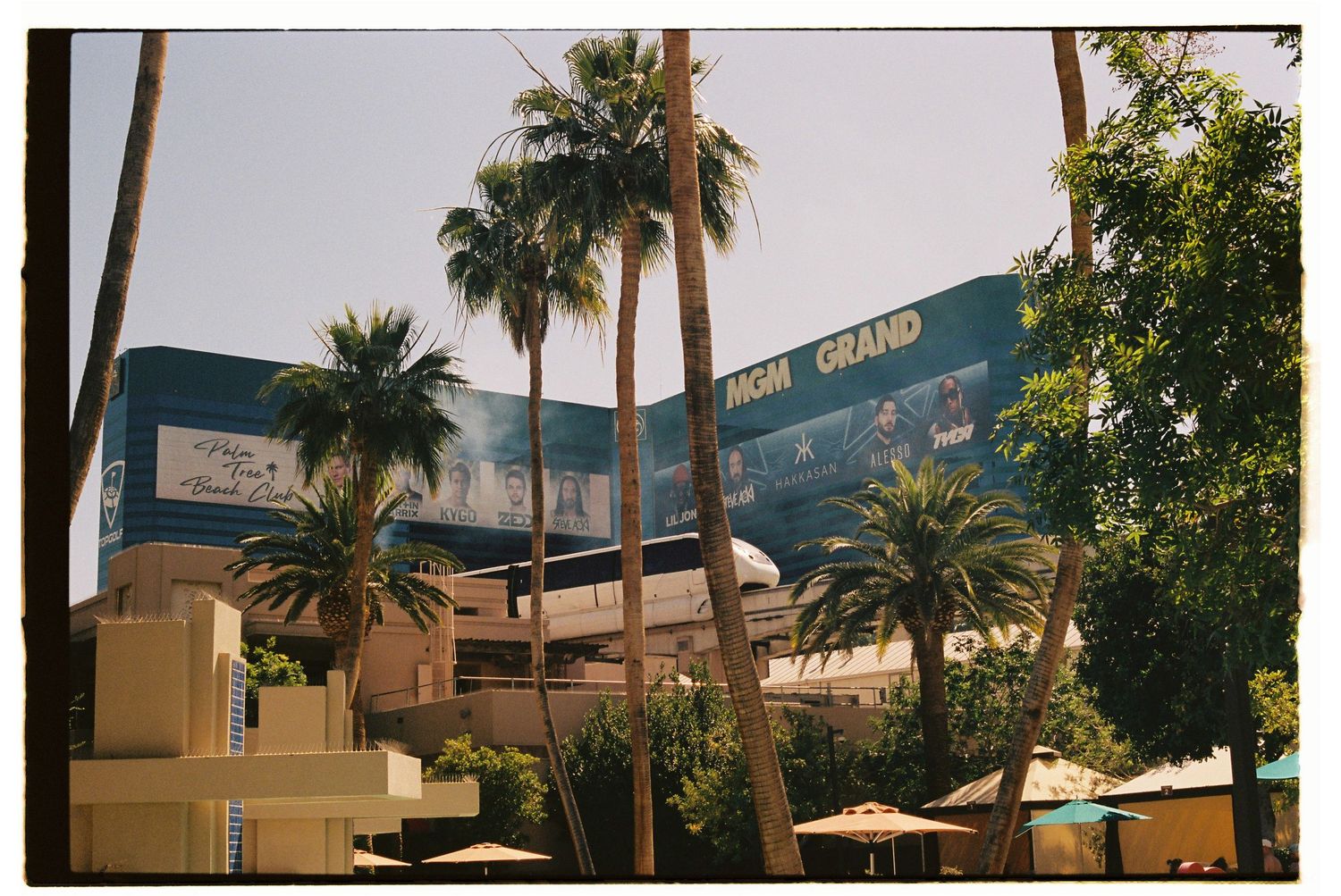 MGM Grand hotel and casino exterior with tall palm trees in Las Vegas, Nevada on a sunny day.