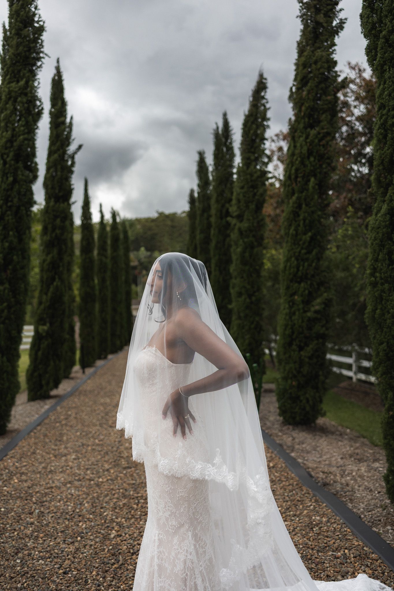 Bride in lace gown with flowing veil stands between tall cypress trees on a cloudy day.