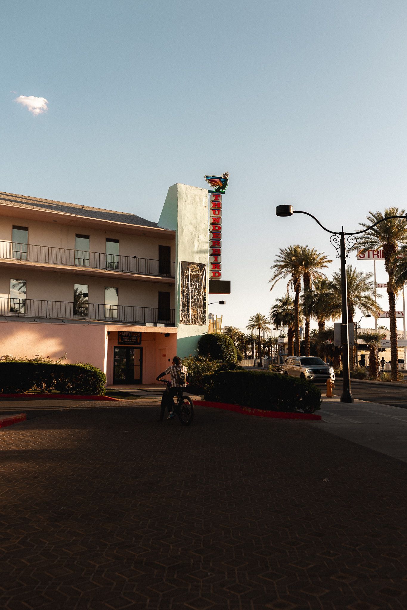 Retro pink motel with neon sign, palm trees, and street lamp at dusk in Las Vegas, Nevada.