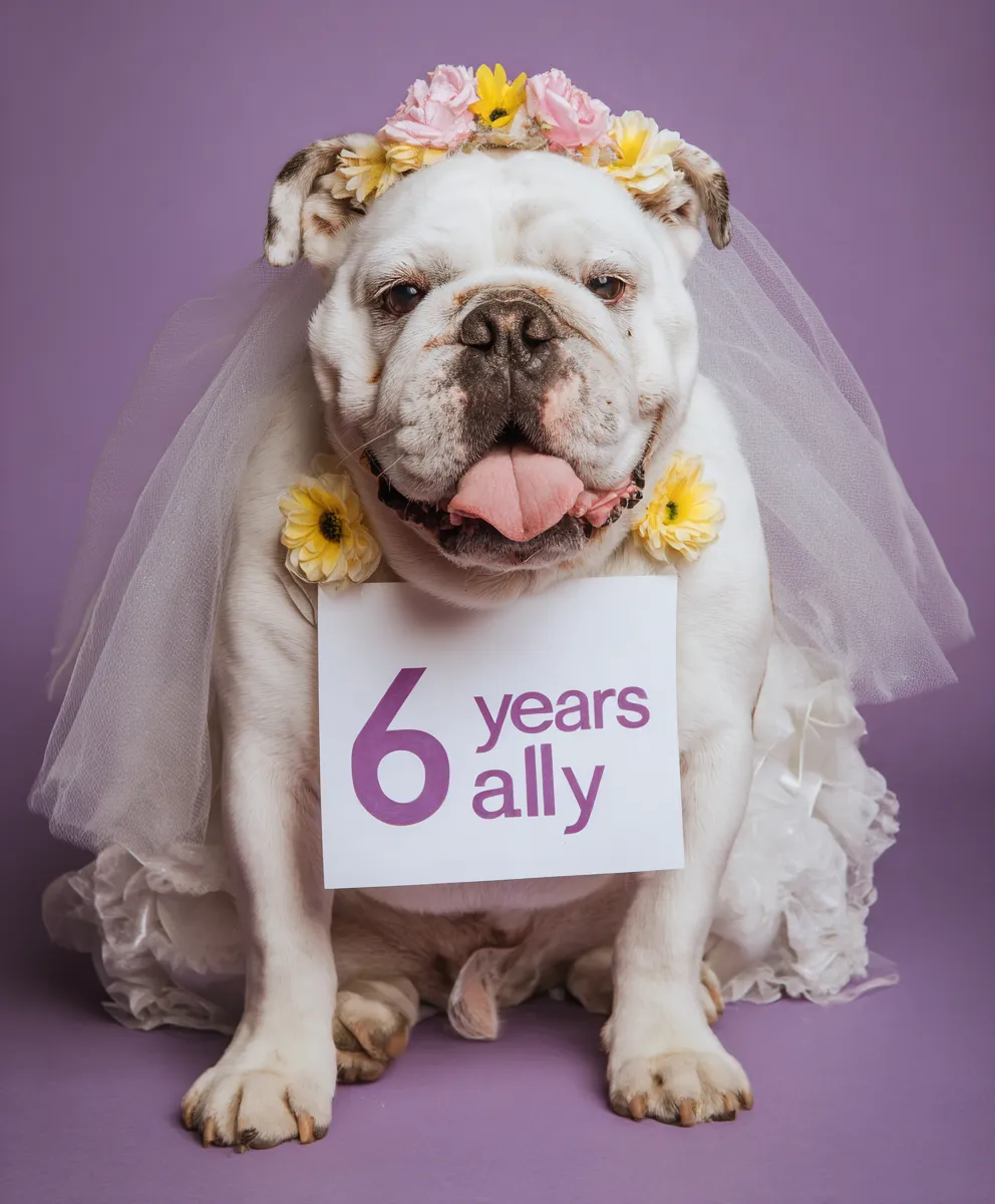 English Bulldog dressed as a bride with flower crown and veil holding a 6 years Ally sign.