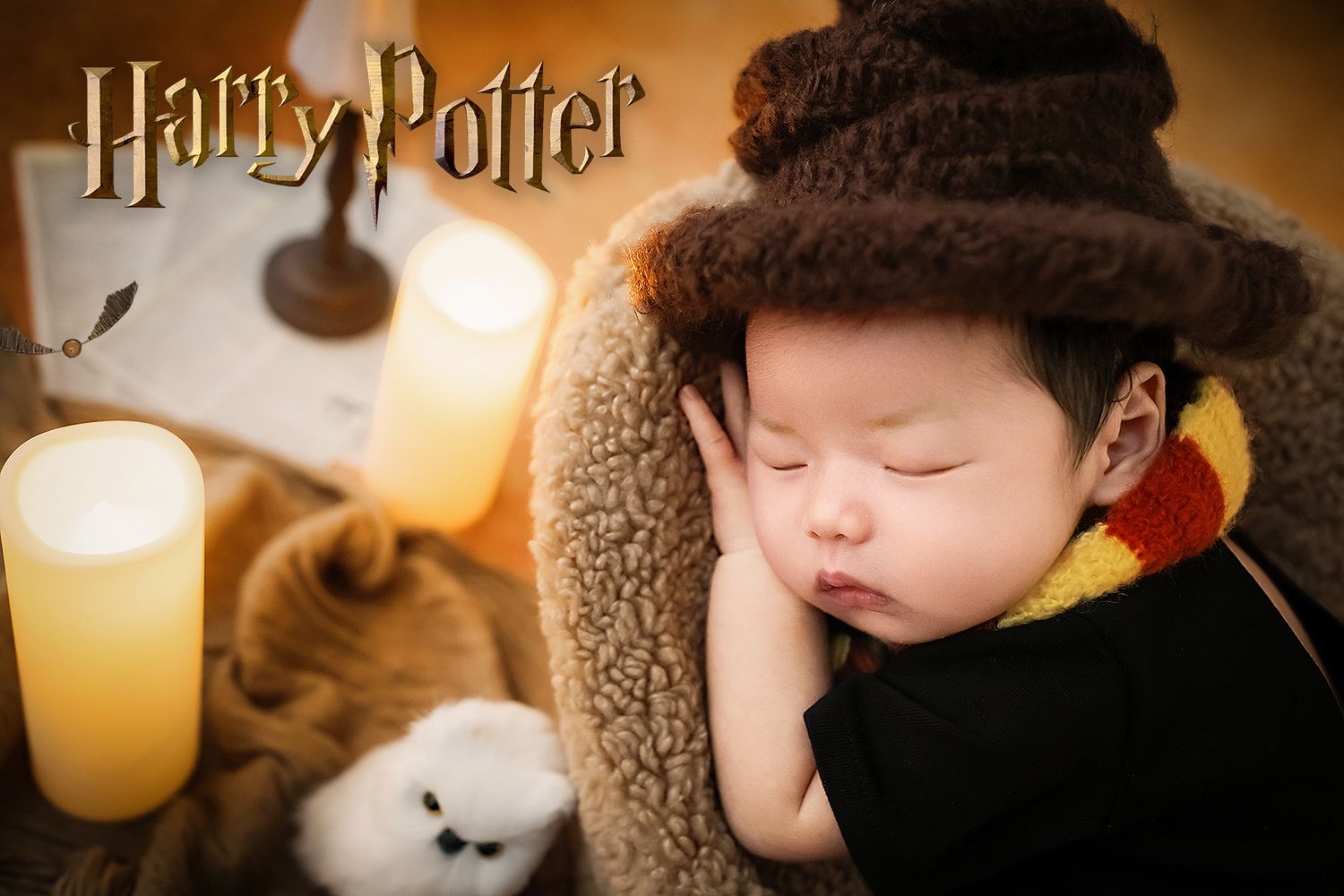 Sleeping newborn baby dressed as Harry Potter wearing brown sorting hat with candles and owl prop.
