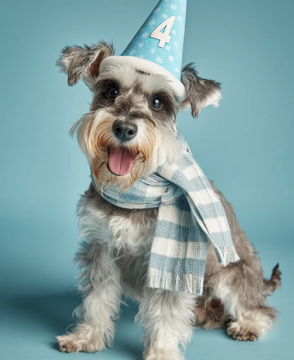 Happy Miniature Schnauzer wearing a blue party hat with number 4 and striped scarf on blue background.
