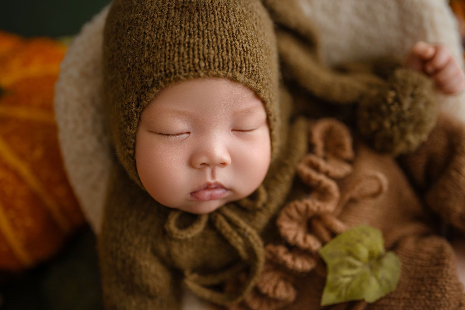 Close-up of sleeping newborn in brown knit bonnet with ruffled outfit and small green leaf.