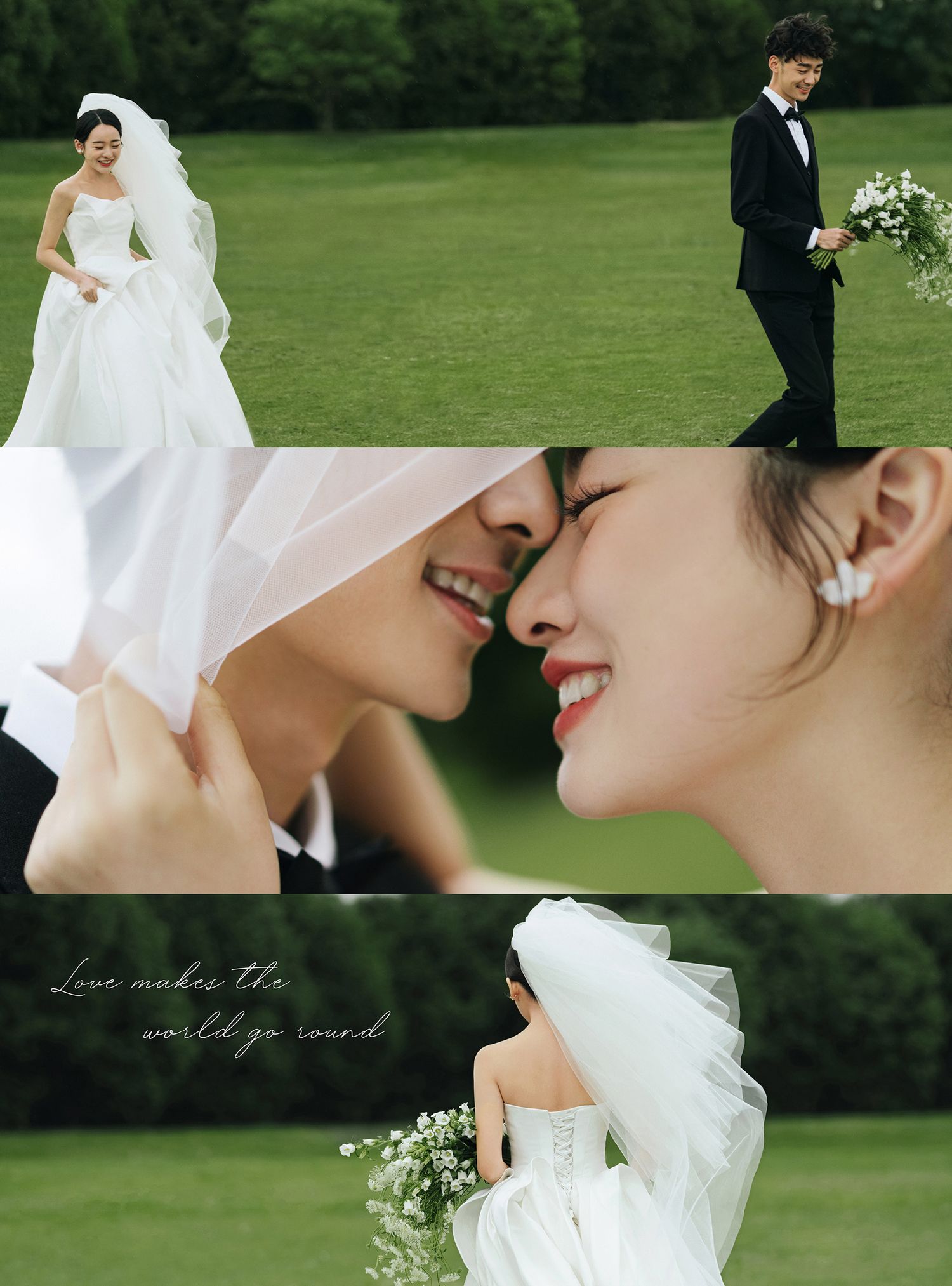 Outdoor wedding photo collage of couple on green lawn with veil kiss and romantic close-ups.