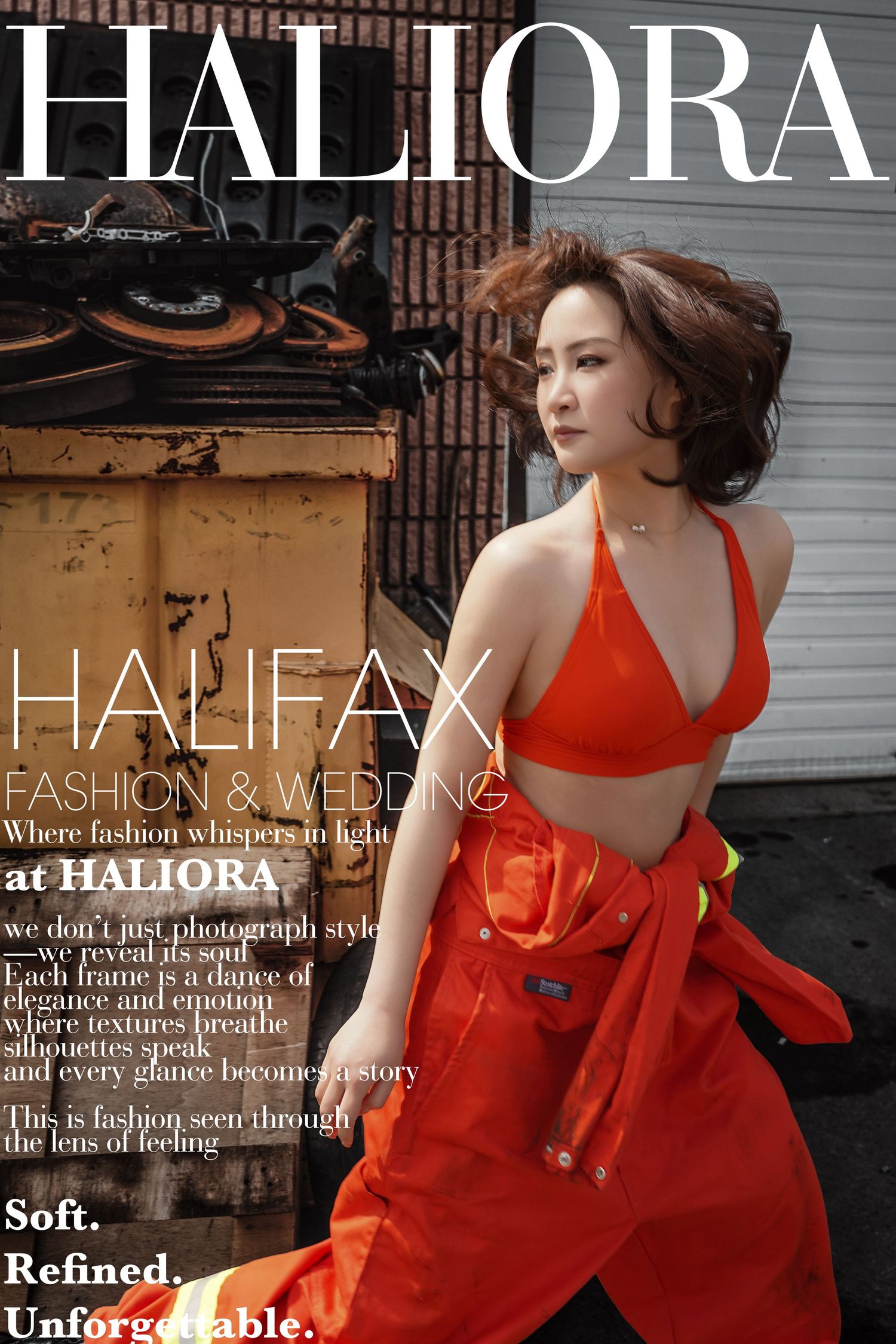 Model in red halter bra with open red jumpsuit poses outdoors for Haliora Halifax Fashion & Wedding editorial.