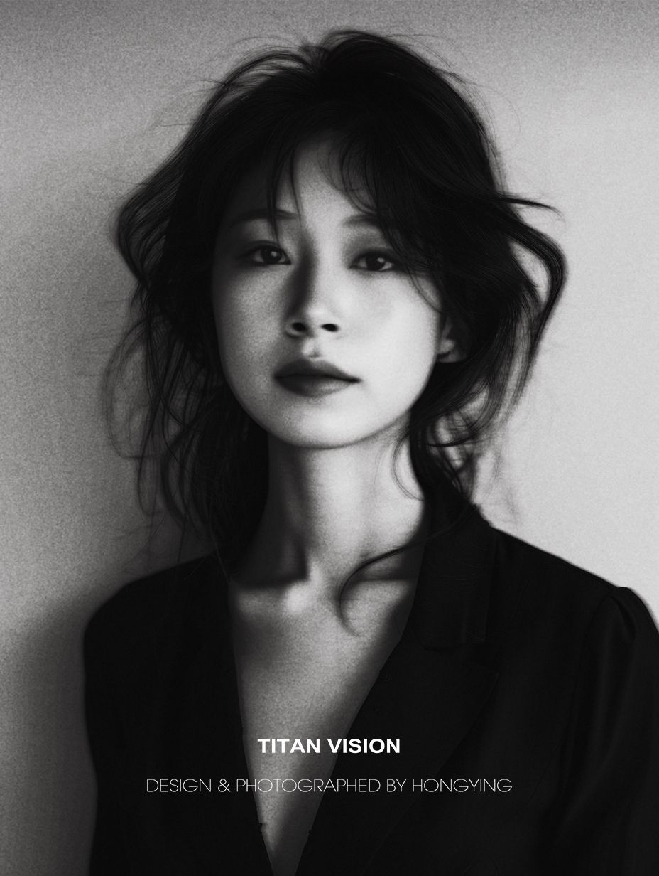 Black and white portrait of a young Asian woman with dark wavy hair wearing a black top, studio photography.
