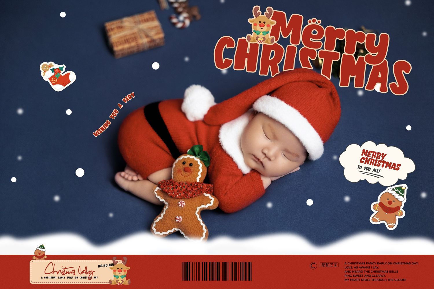 Sleeping newborn baby in red Santa costume with gingerbread man toy on dark blue Merry Christmas themed photo card.