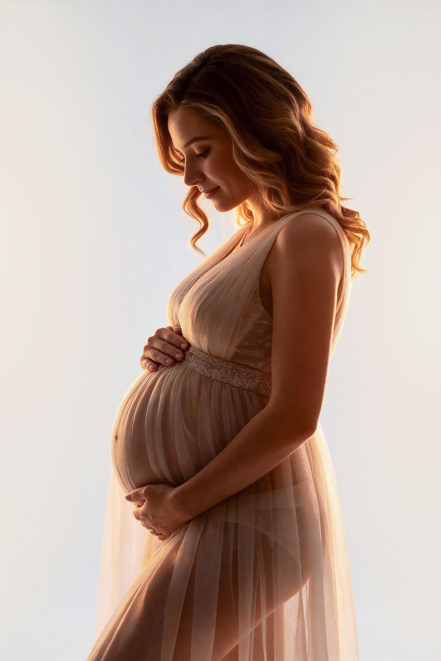 Pregnant woman in sheer beige dress cradling baby bump, glowing backlit portrait on white background.