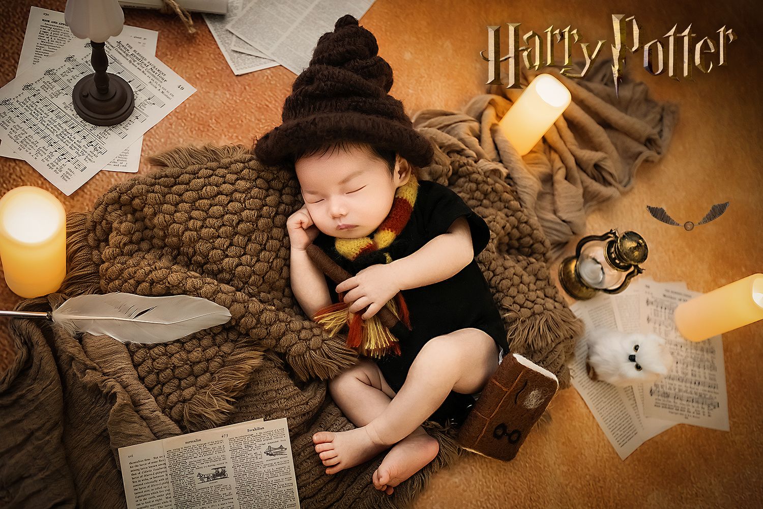Sleeping newborn dressed as Harry Potter with sorting hat, scarf, wand, candles, and books in cozy themed photo.