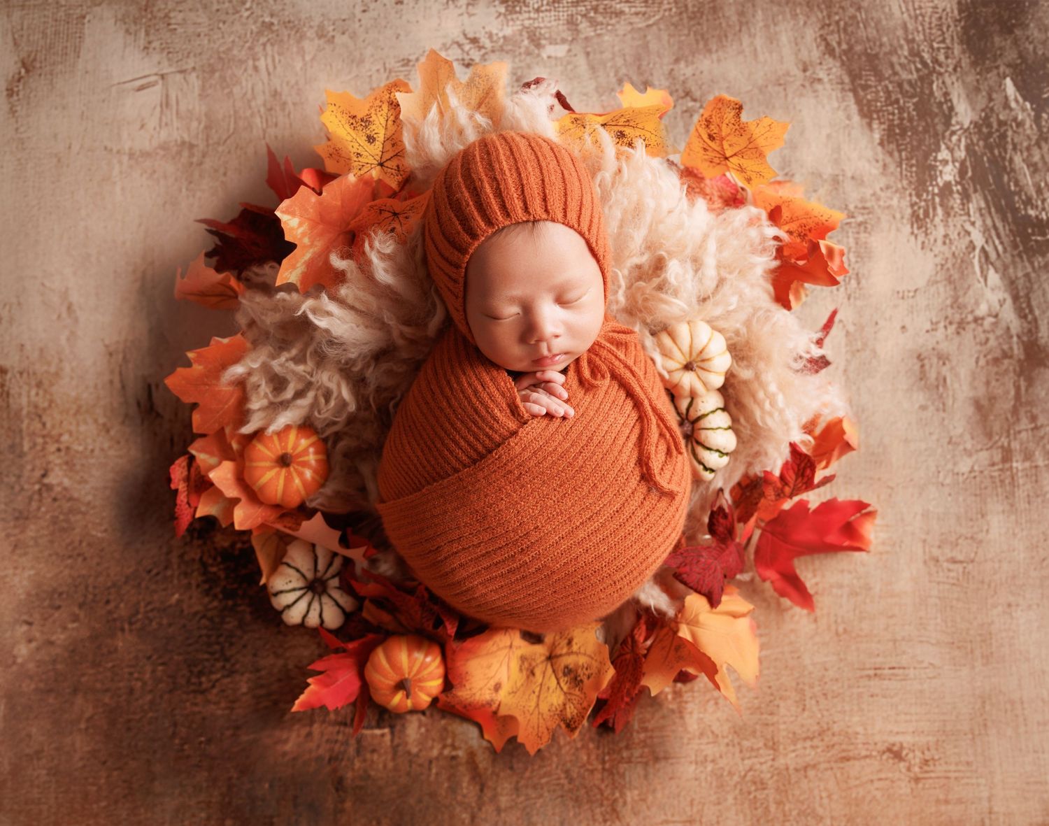 Newborn baby swaddled in orange knit wrap and bonnet, nestled in autumn leaves and mini pumpkins arrangement.