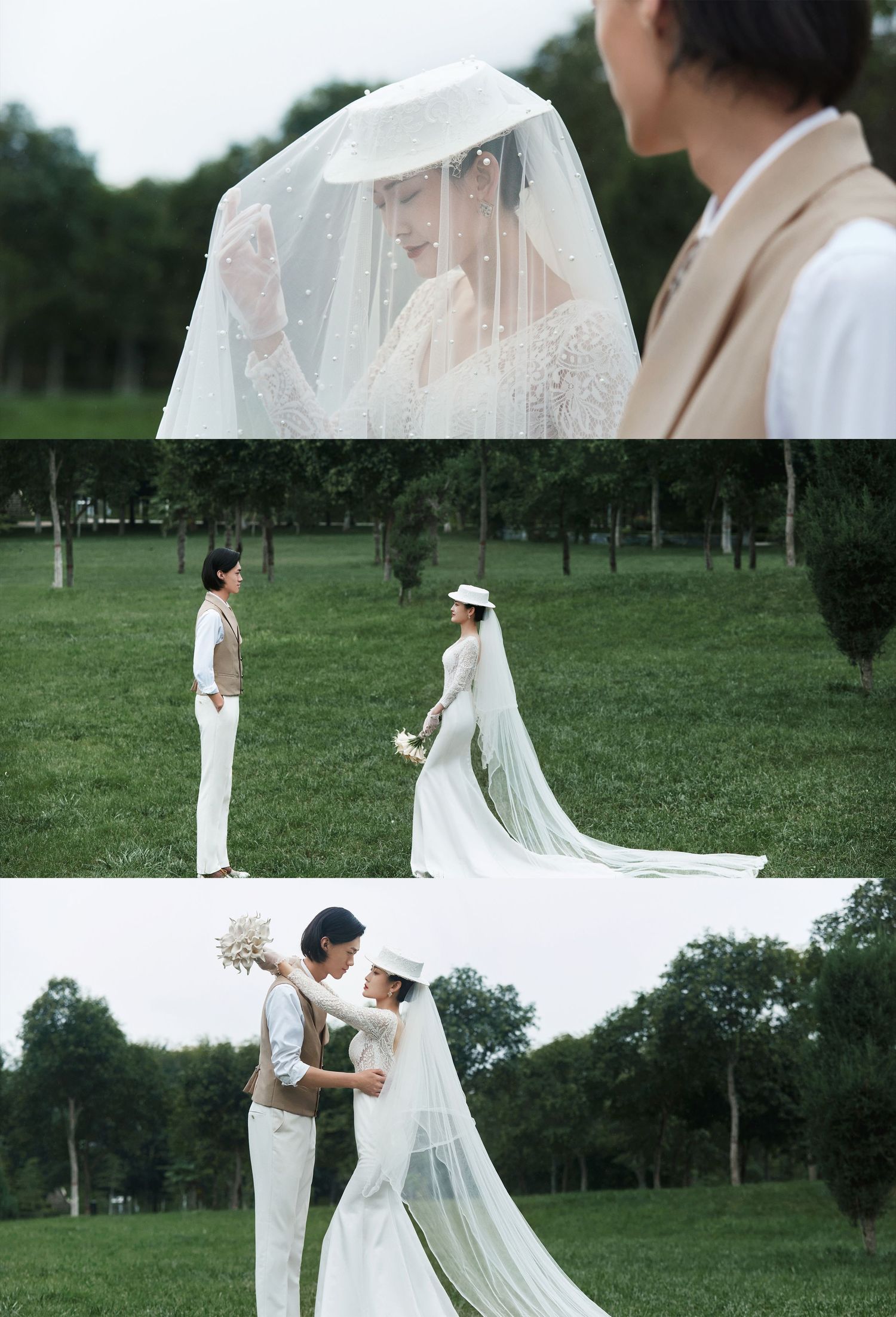 Elegant bride in white lace gown and veil poses with groom in green park during outdoor wedding photoshoot.