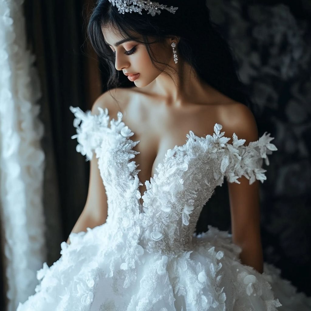 Elegant bride in off-shoulder white floral lace ball gown with plunging neckline and floral details.