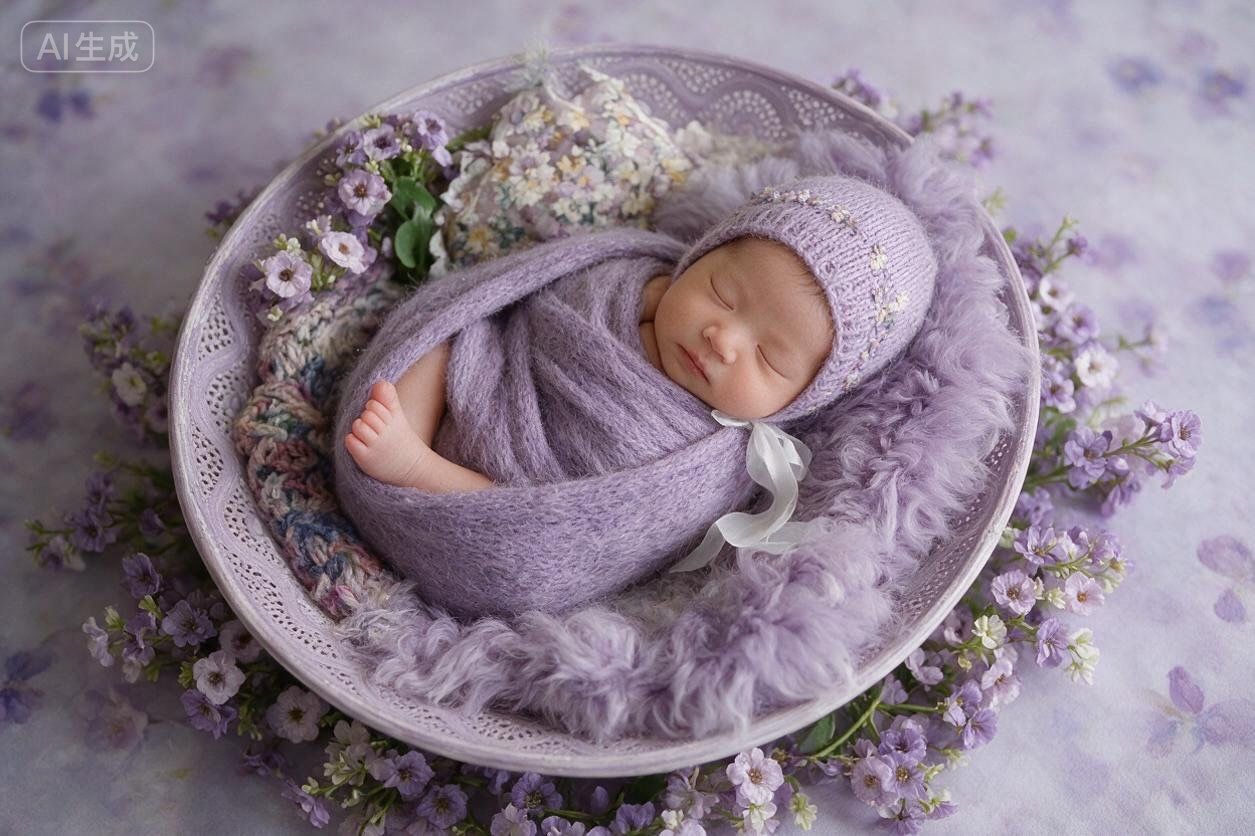 Newborn baby sleeping peacefully wrapped in purple knit, nestled in a floral arrangement with lavender blooms.