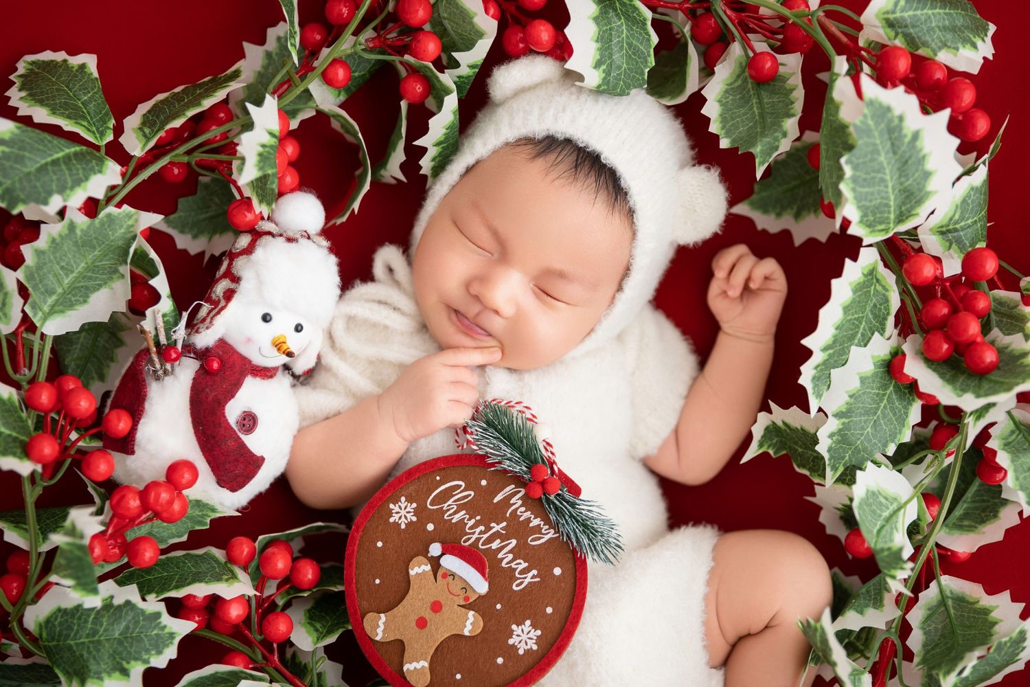 Newborn baby in white bear hat sleeps among holly berries holding a Merry Christmas gingerbread ornament.
