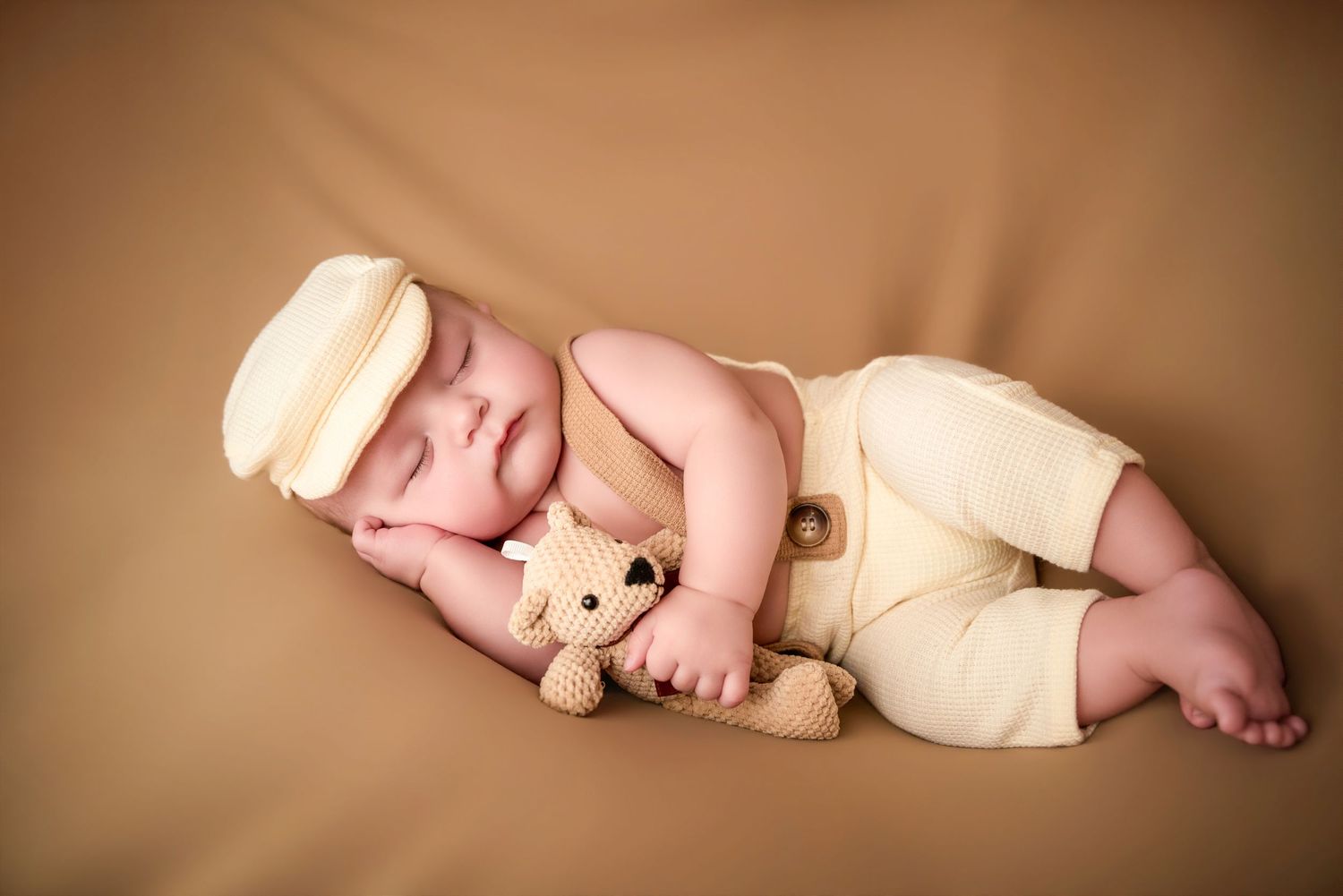 Sleeping newborn baby in cream outfit and cap cuddling a small teddy bear on a brown background.
