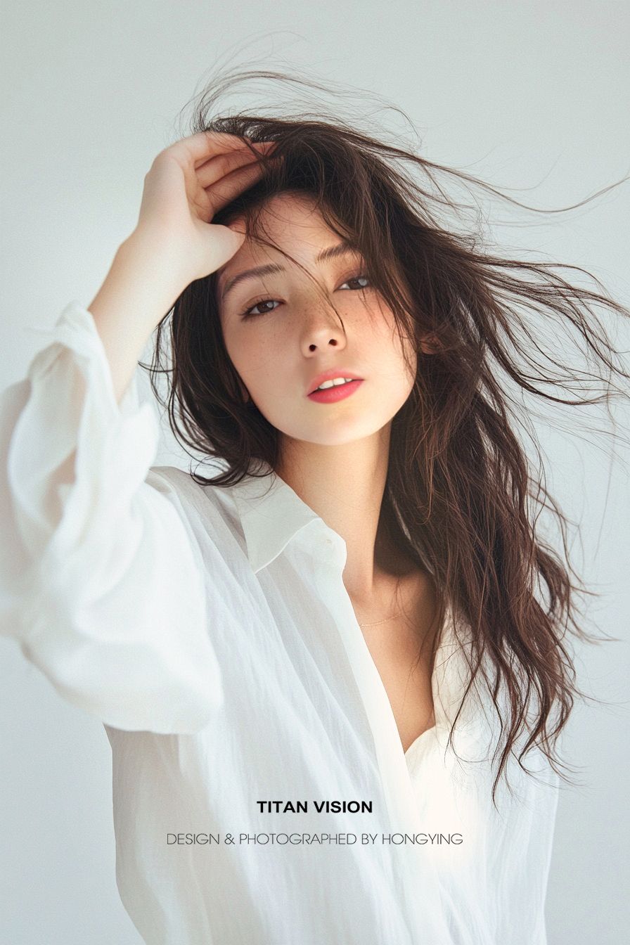 Young Asian woman with windswept brown hair wearing a white oversized shirt poses against a light background.
