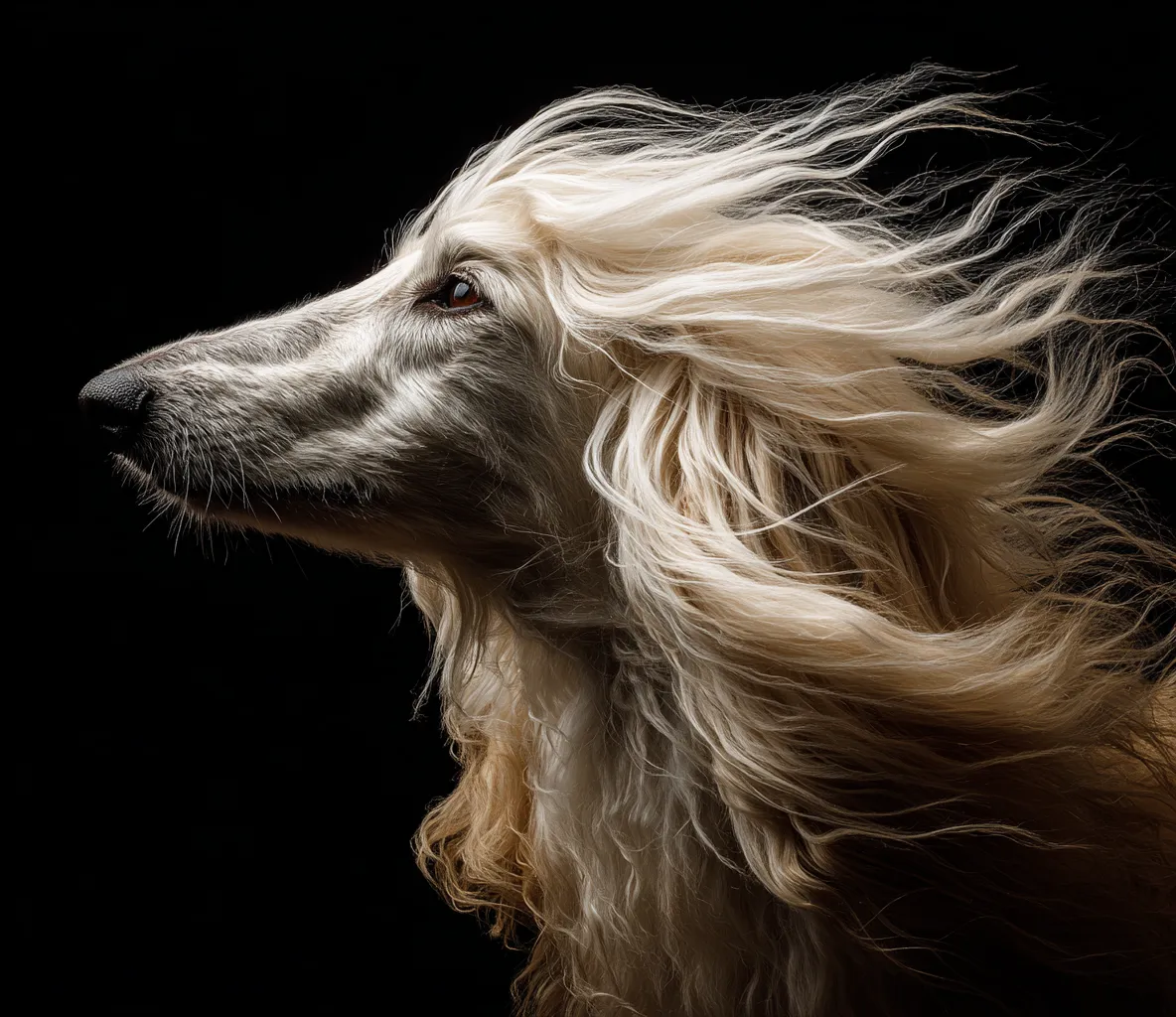 Majestic Afghan Hound with flowing golden hair dramatically windswept against a dark black background.