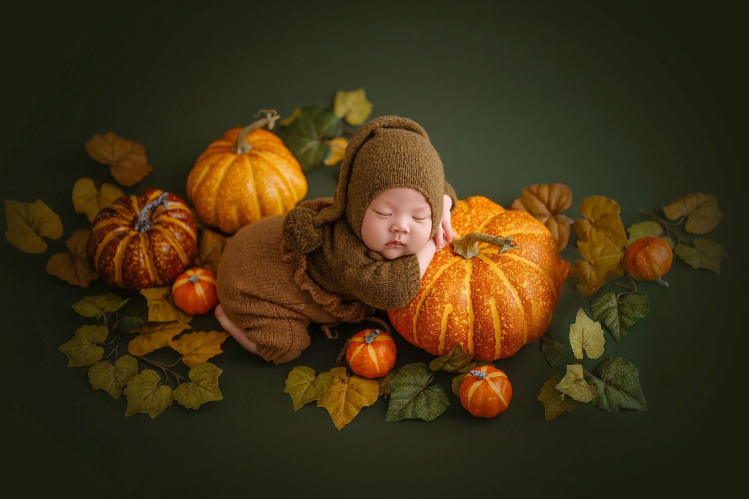 Peaceful newborn in brown knit outfit sleeping among orange pumpkins and colorful fall leaves.