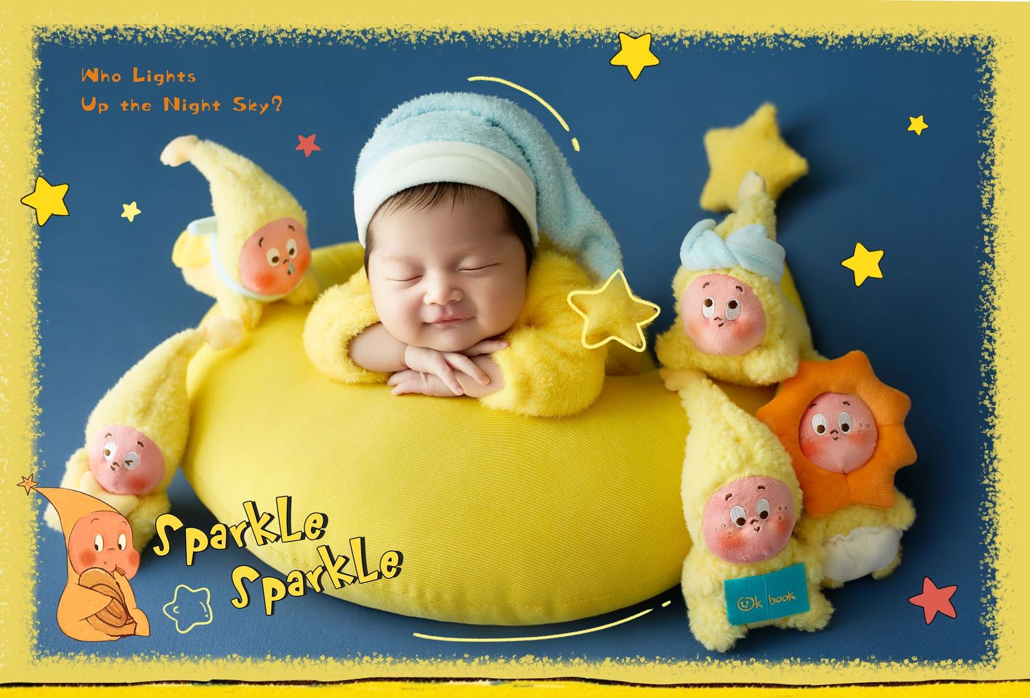 Smiling newborn baby in yellow outfit on moon prop surrounded by Sparkle Sparkle character toys.