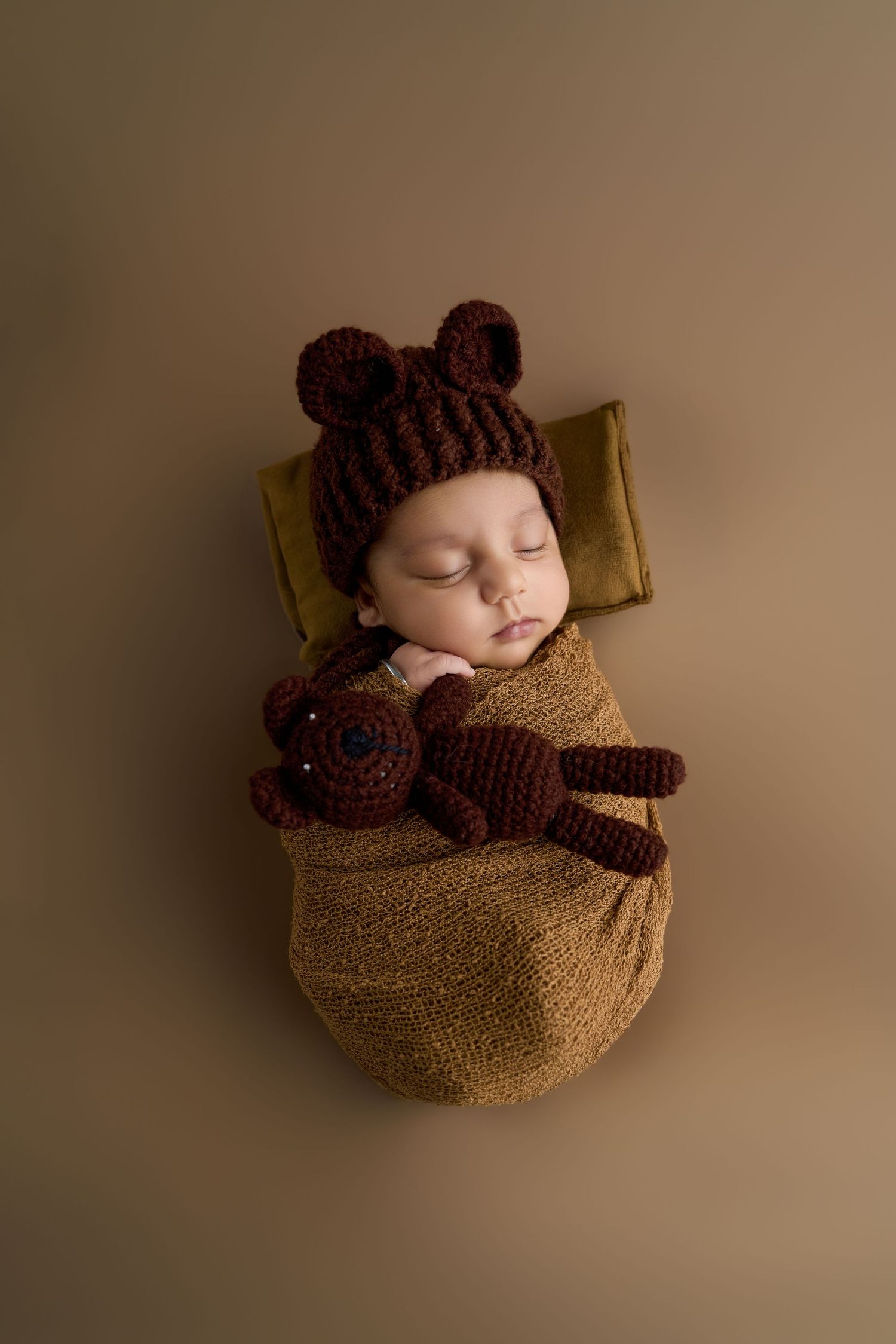Sleeping newborn baby wrapped in brown knit blanket wearing bear ear hat cuddling a crocheted teddy bear toy.
