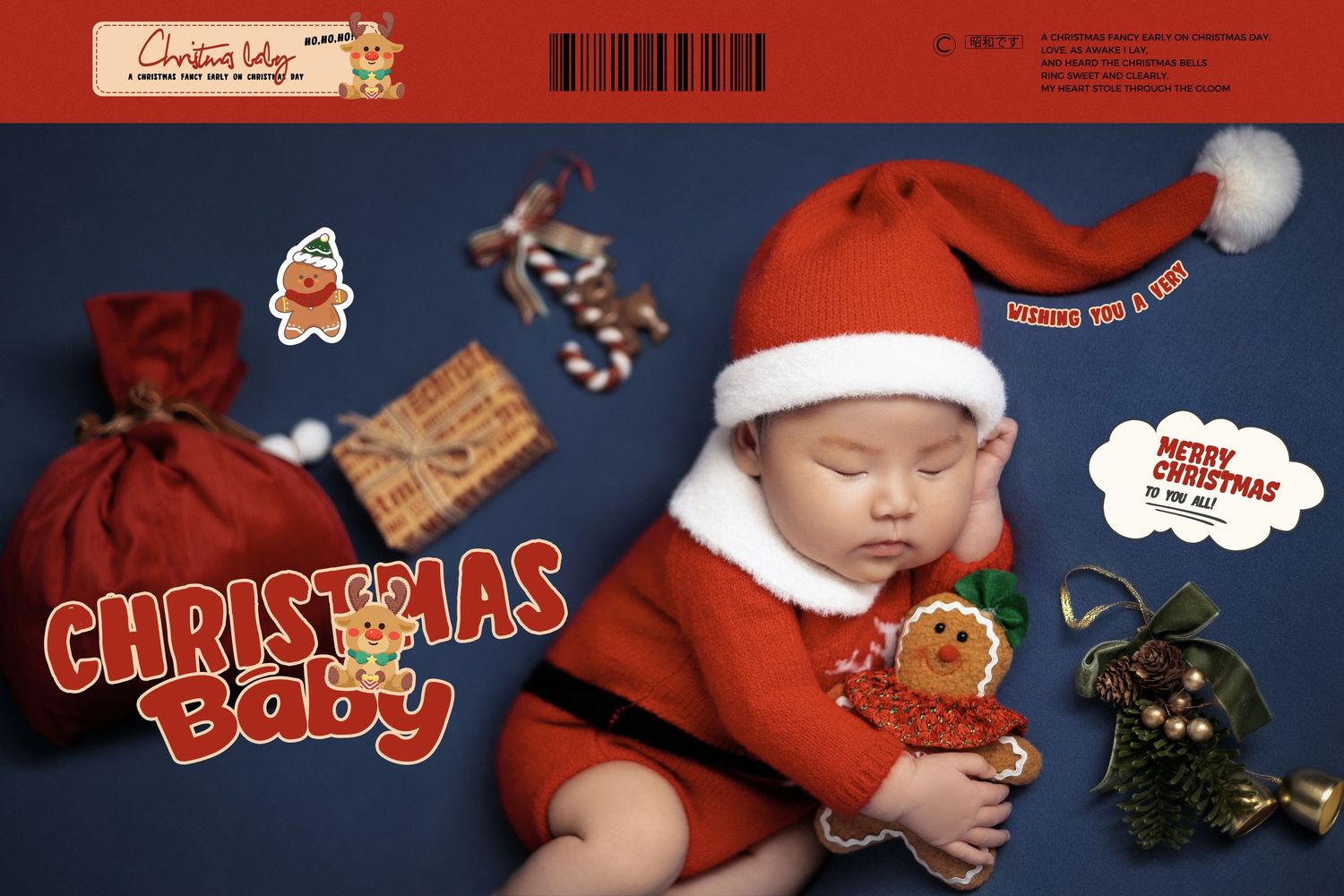 Sleeping newborn baby in red Santa outfit surrounded by Christmas gifts, candy canes, and holiday decorations on blue background.