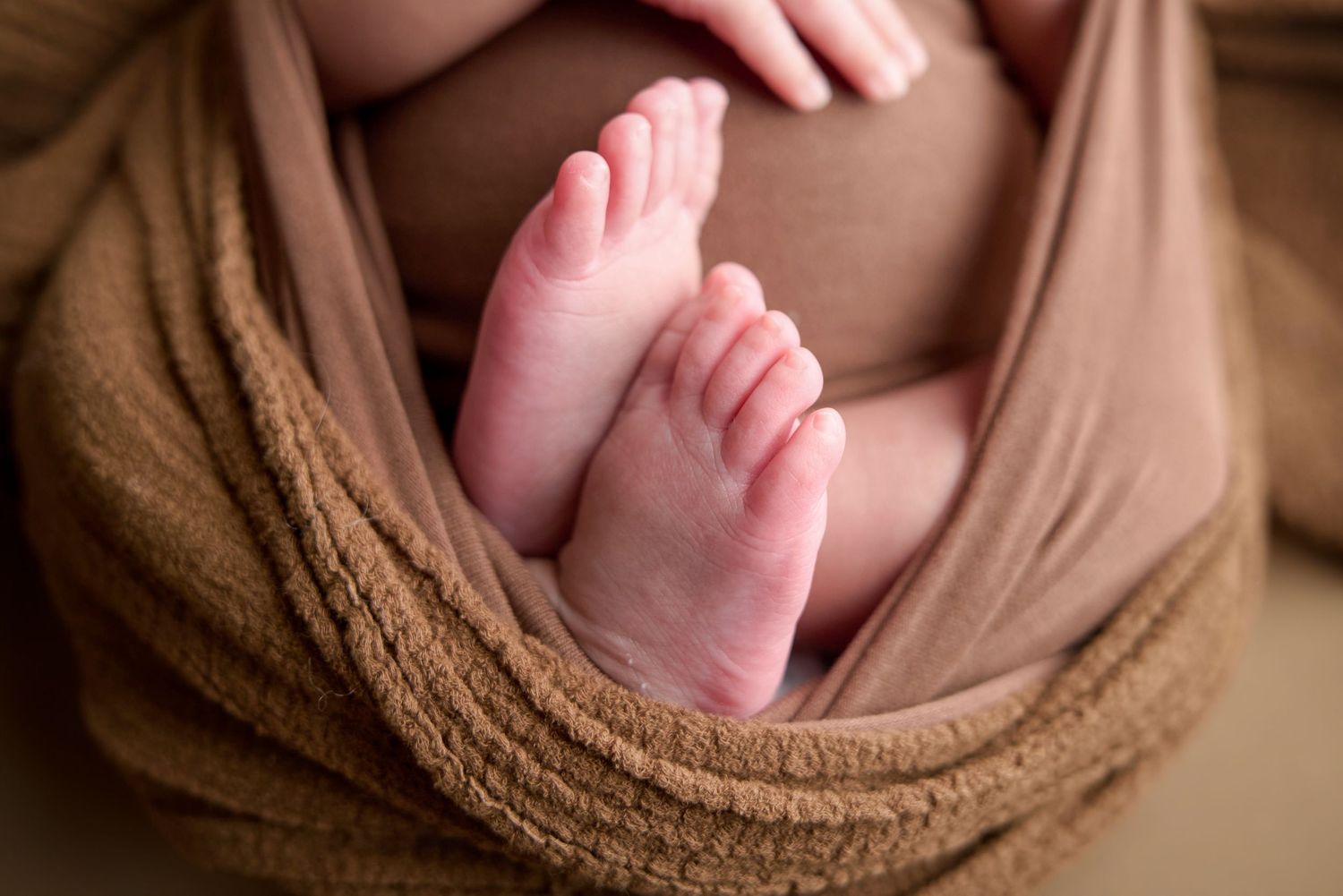Tiny newborn baby feet wrapped in a soft brown swaddle blanket, close-up photography.