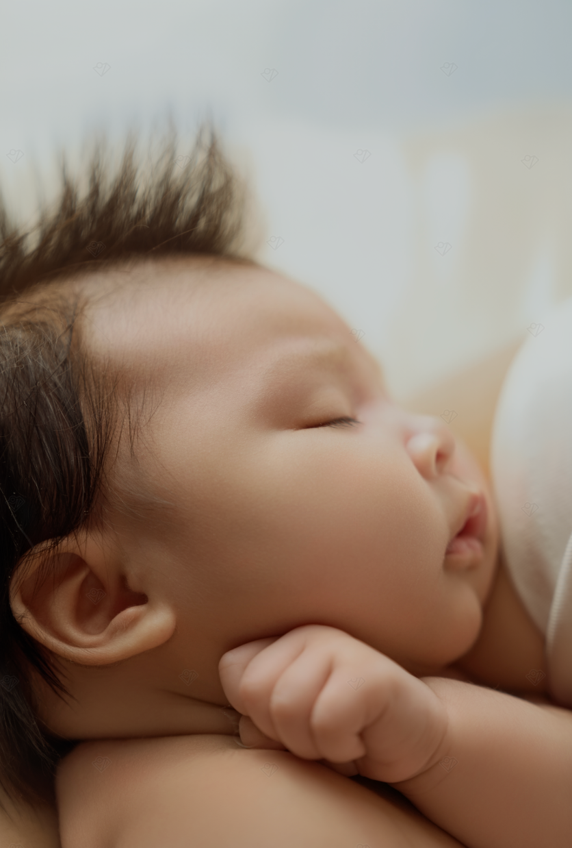 A peaceful newborn baby sleeping with dark hair and tiny fist, captured in a soft close-up portrait.