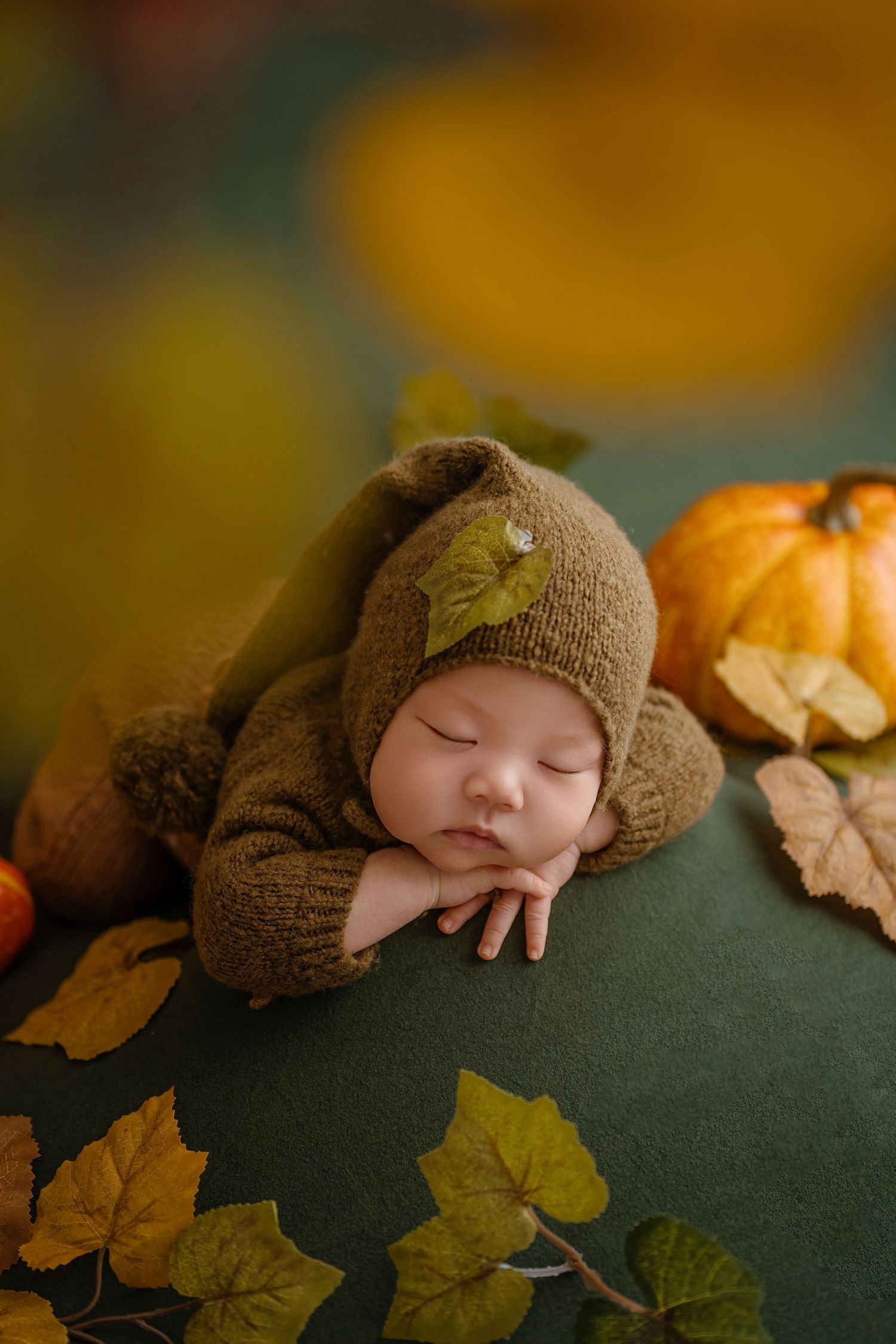 Sleeping newborn in brown knit hat and outfit rests chin on hands surrounded by autumn leaves and a pumpkin.