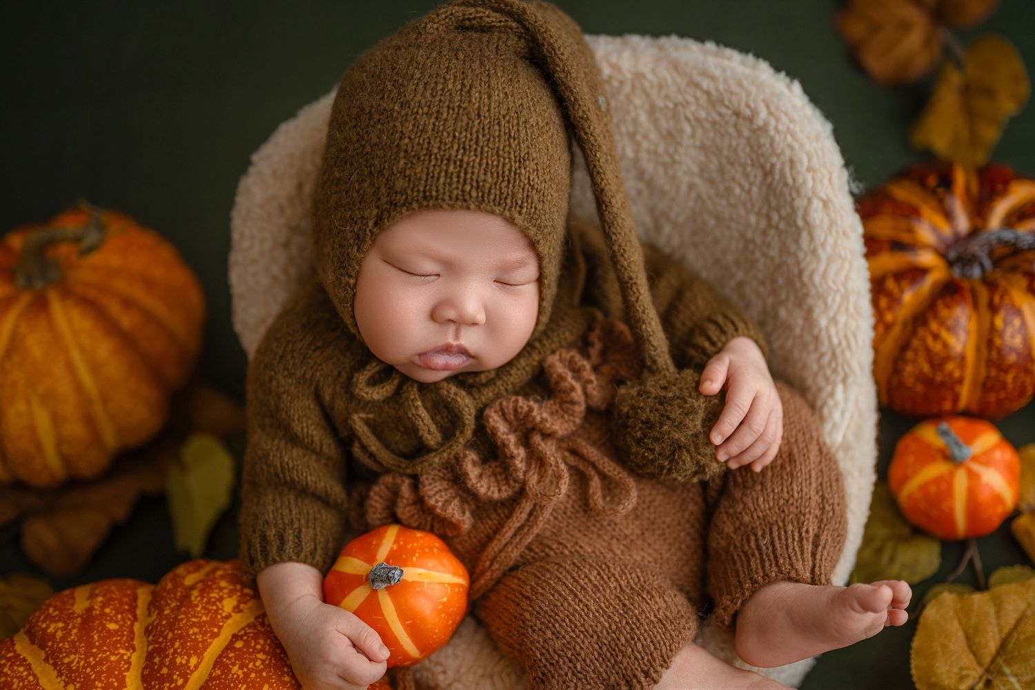 Sleeping newborn in brown knit outfit and hat holds a small pumpkin surrounded by autumn pumpkins and leaves.