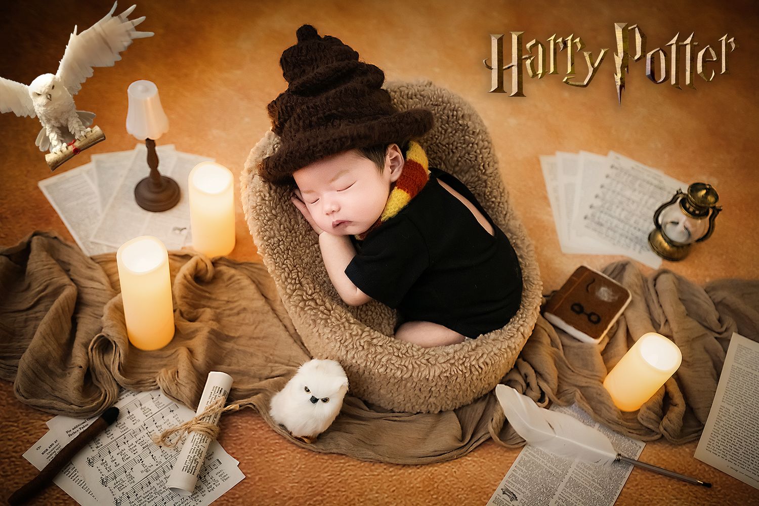 Newborn baby in Harry Potter sorting hat sleeping in bowl surrounded by candles, books, and owl prop.