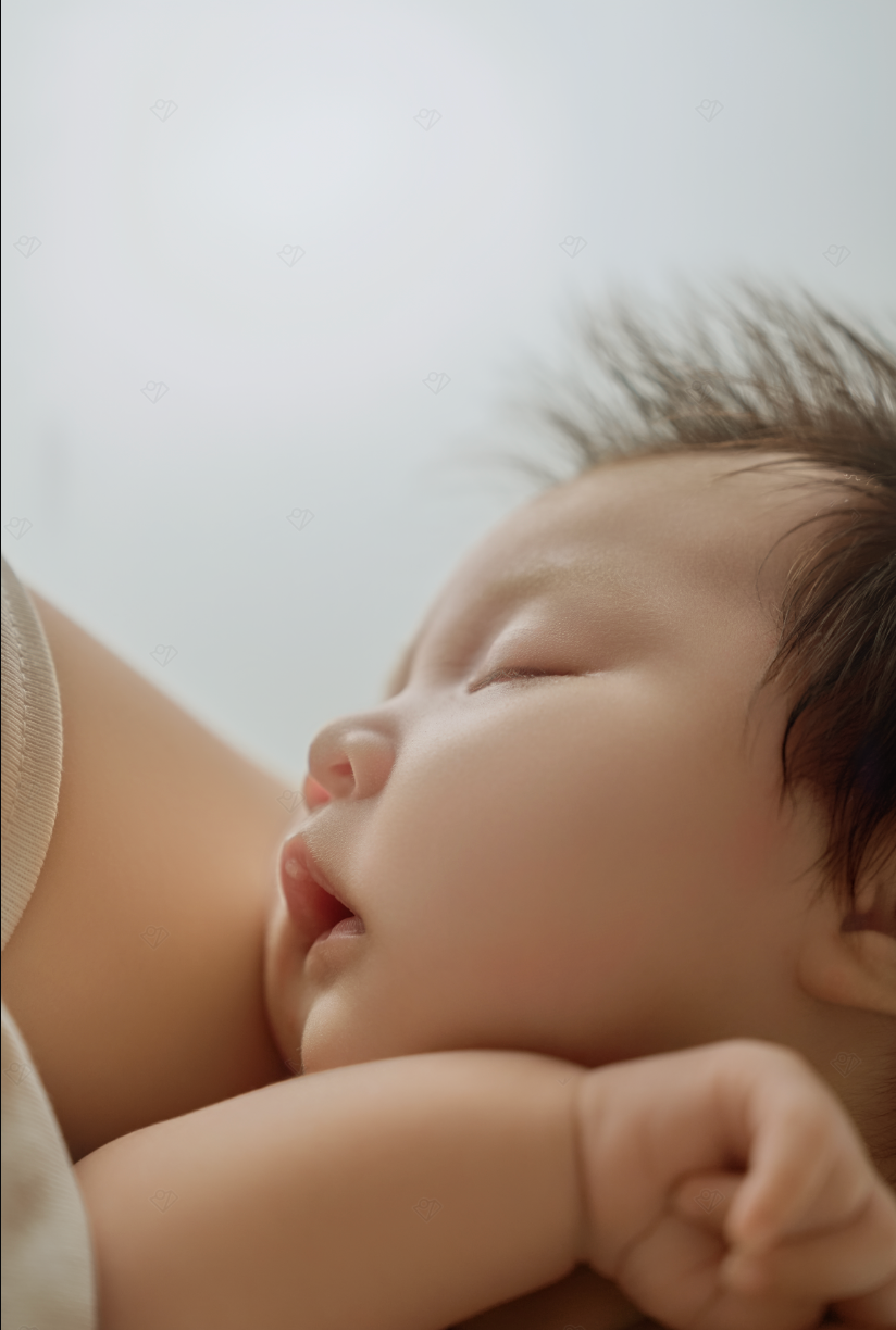 Peaceful newborn baby sleeping soundly with tiny fists clenched against a soft white background.