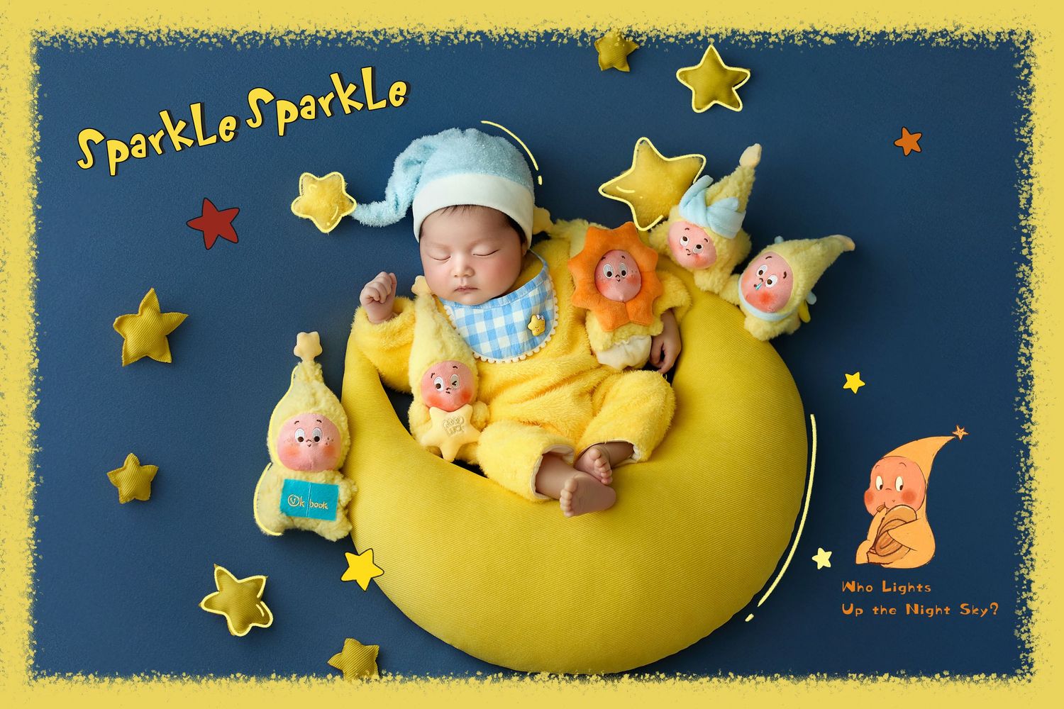 Newborn baby sleeping on yellow moon cushion surrounded by Sparkle Sparkle toys and star decorations.