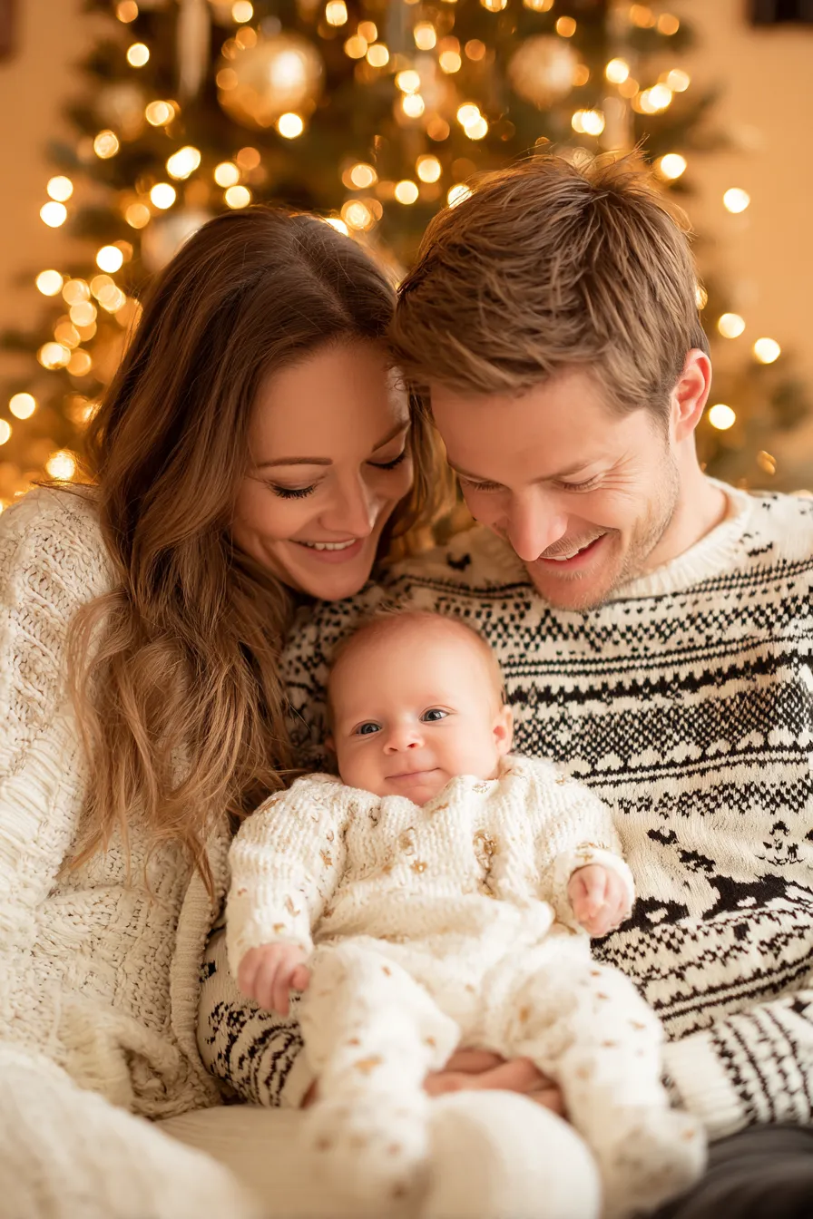 Happy young family in matching sweaters holding newborn baby in front of glowing Christmas tree.