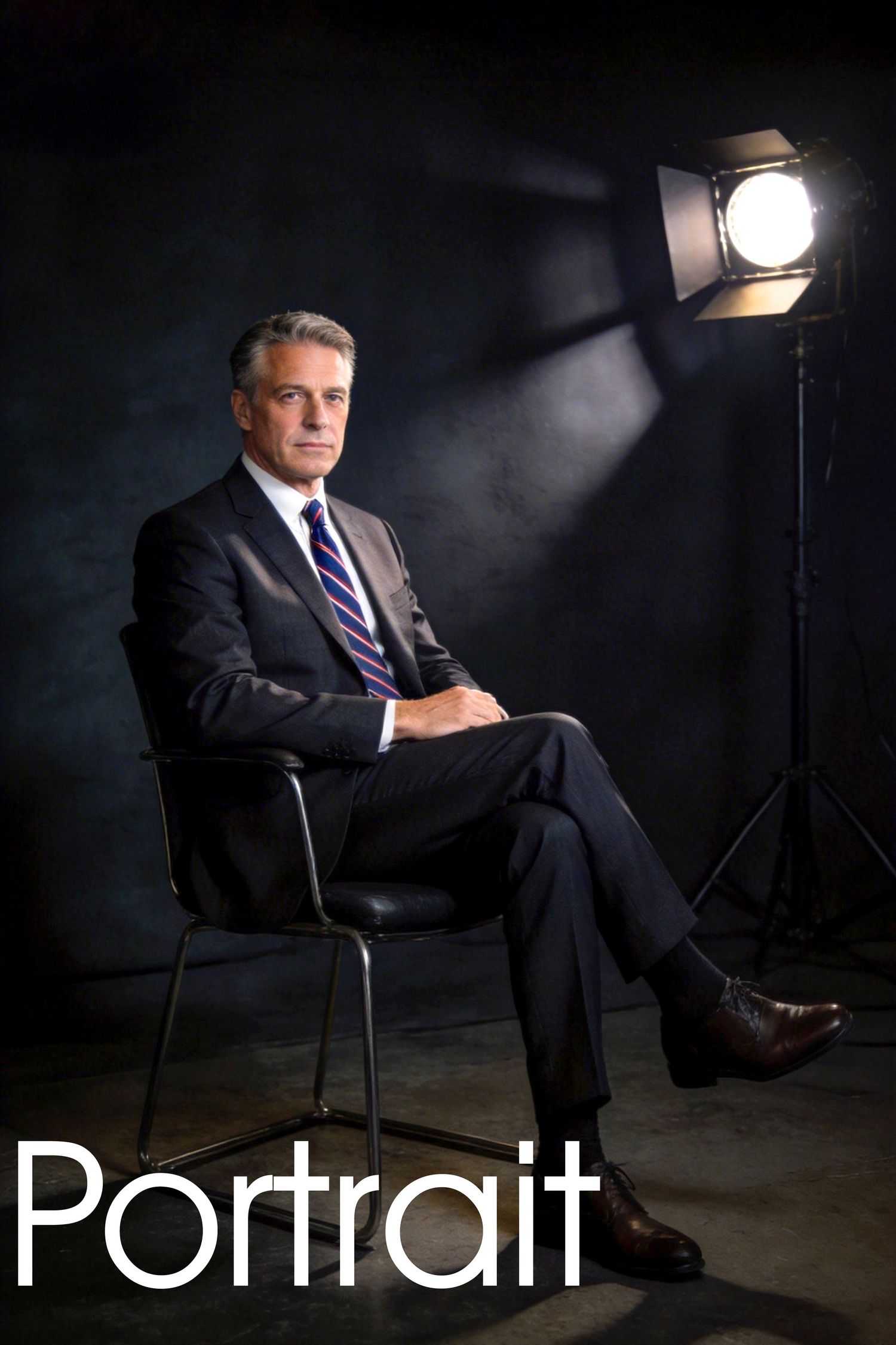 Professional portrait of a man in a dark suit sitting in a chair under studio lighting.