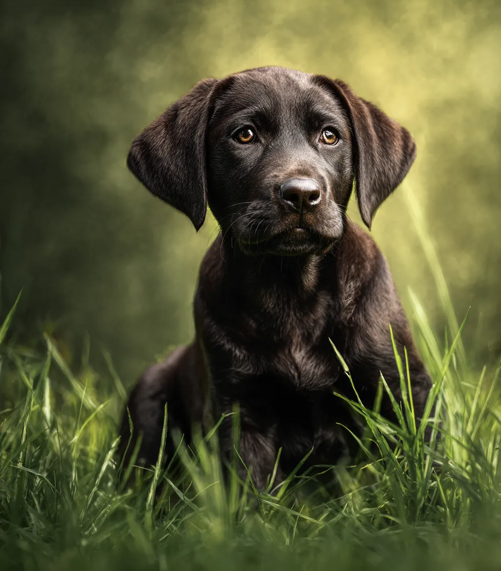 Adorable chocolate Labrador puppy sitting in green grass in a professional outdoor portrait photo.
