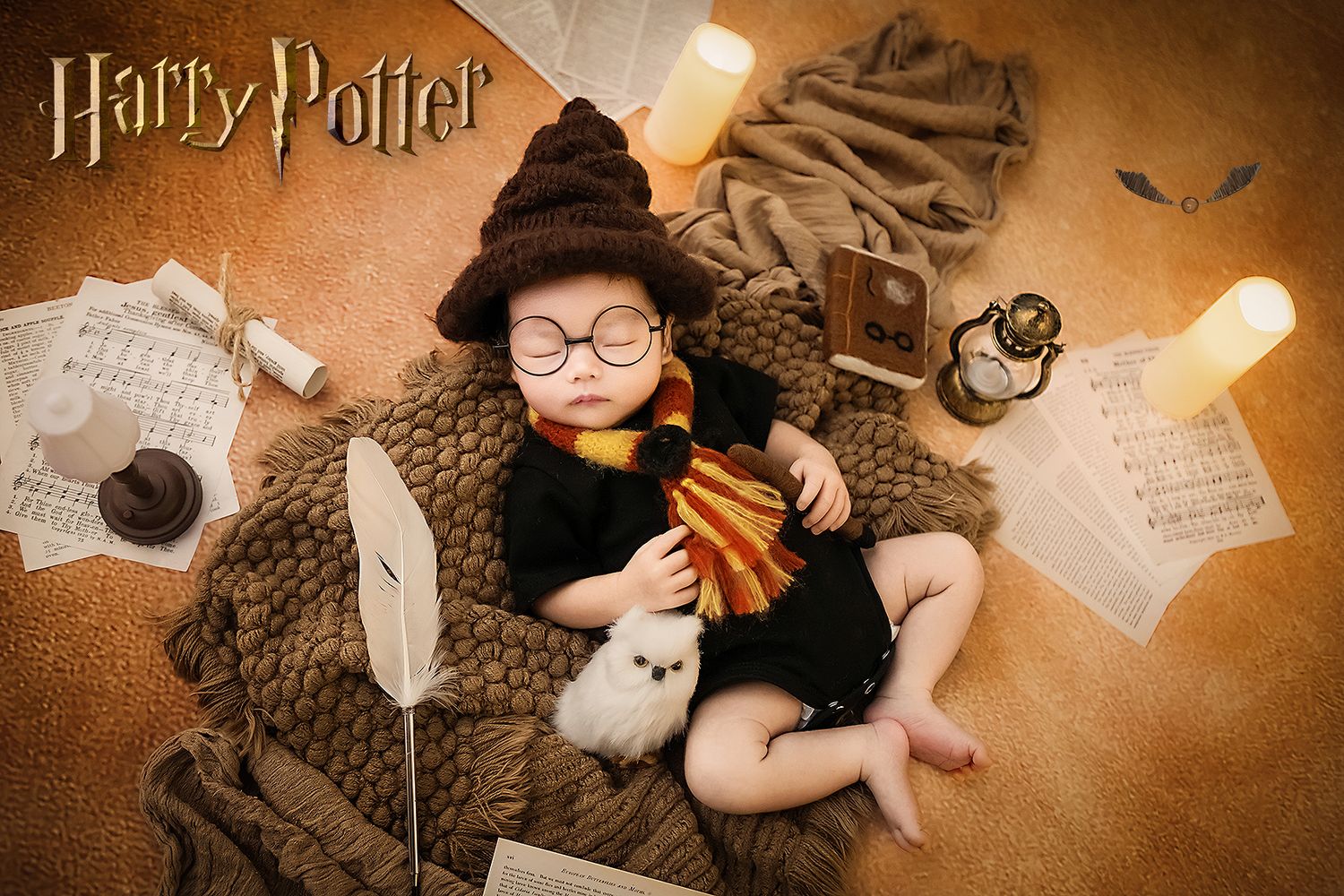 Newborn baby dressed as Harry Potter with sorting hat, glasses, and wand in themed photo setup.